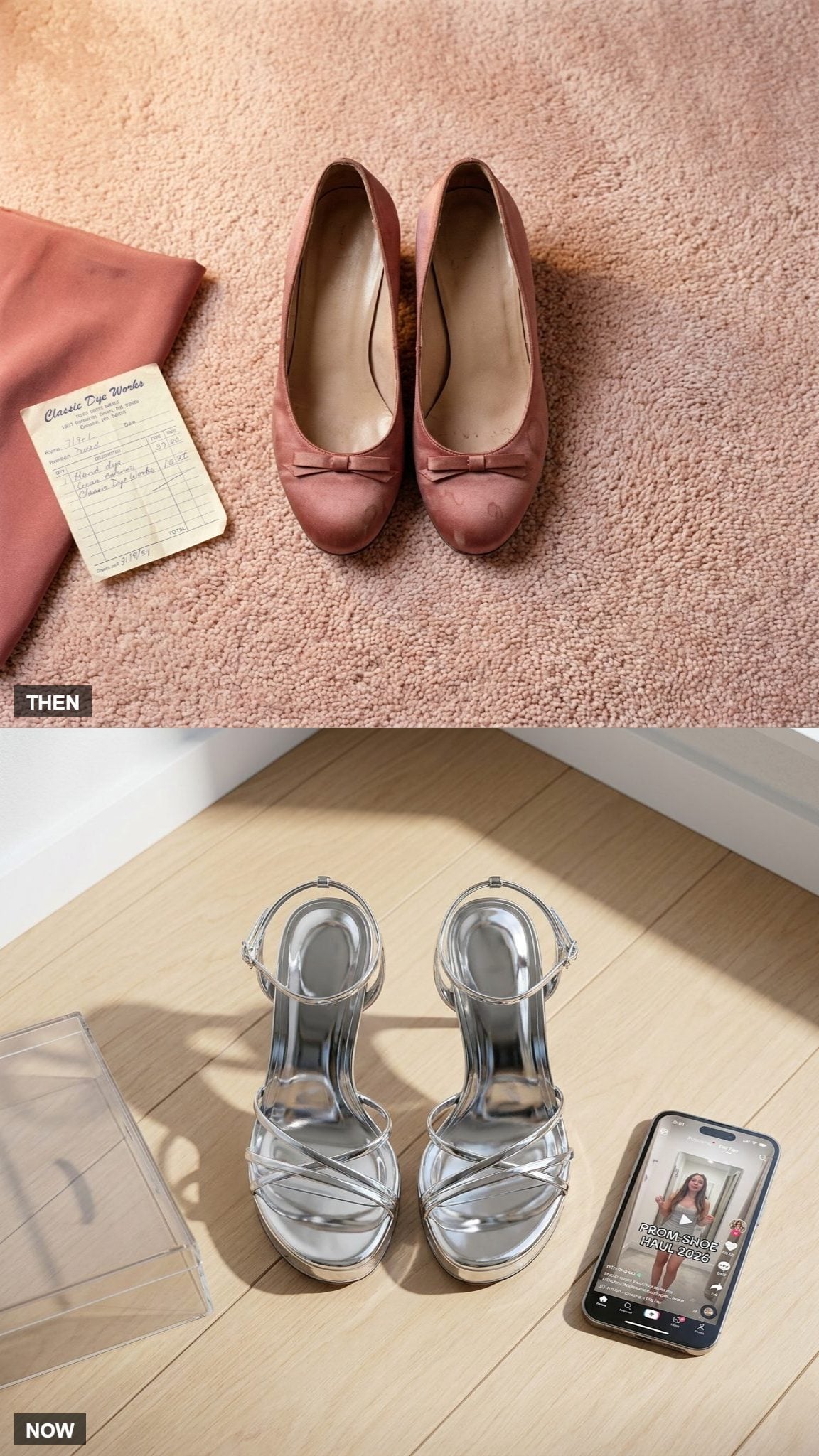 Dyed satin prom pumps compared with modern strappy sandals
