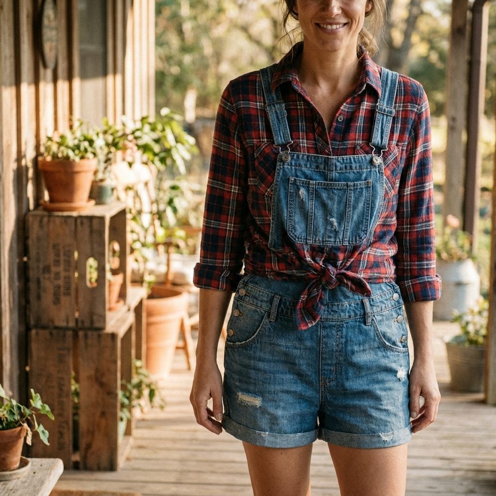 Shortalls With a Plaid Shirt Knotted Beneath the Bib