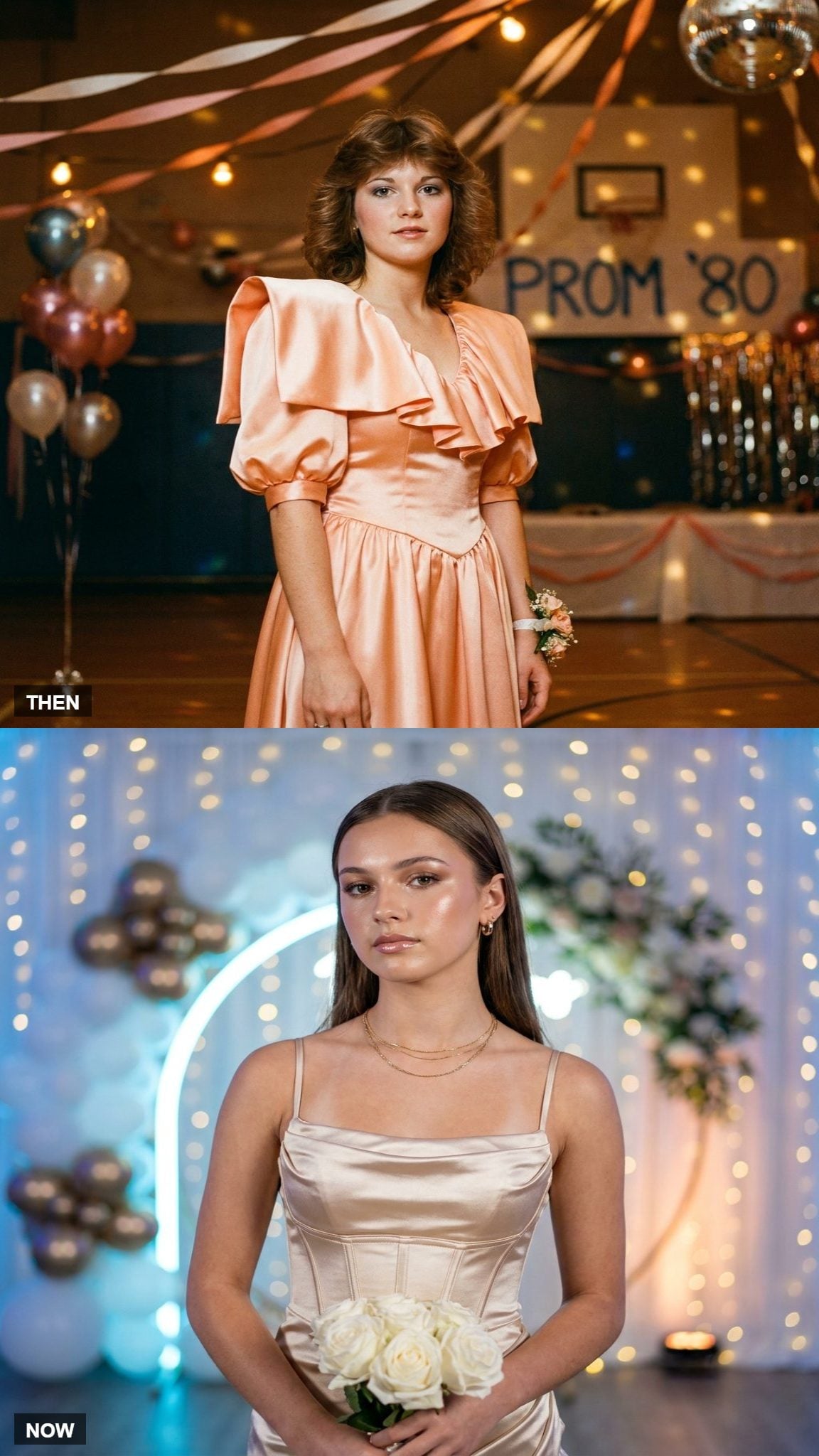 Padded 1980 prom shoulders compared with a clean modern shoulder line