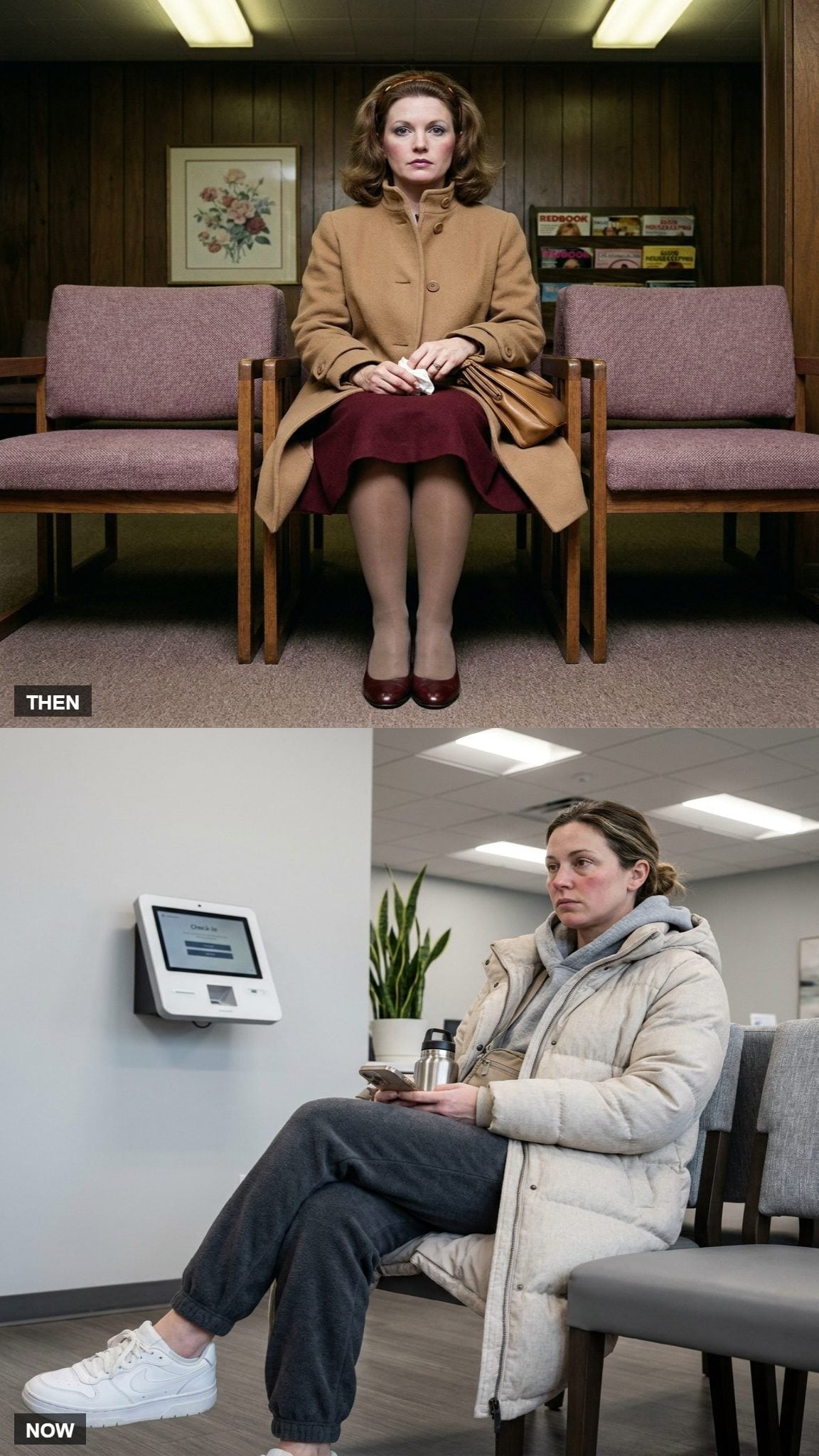 The Sick Day Uniform: Hose to the Doctor in 1980, Sweatpants Under the Coat Now