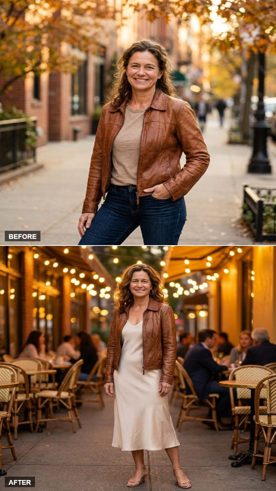 Silk Slip Dress, Fine Gold Jewelry, Low Heels, and the Leather Jacket Turned Into a Dinner Outfit