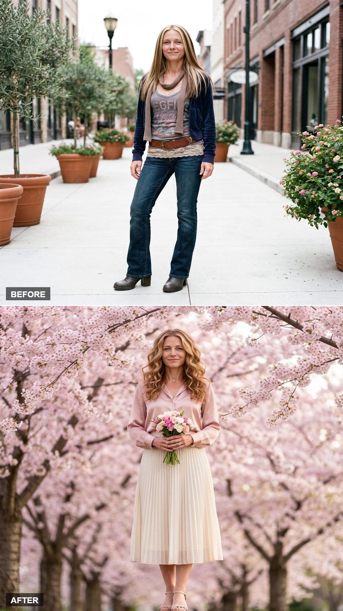 Silky Blush Blouse and Pleated Midi Skirt Under Cherry Blossoms: Femininity That Doesn't Try Too Hard