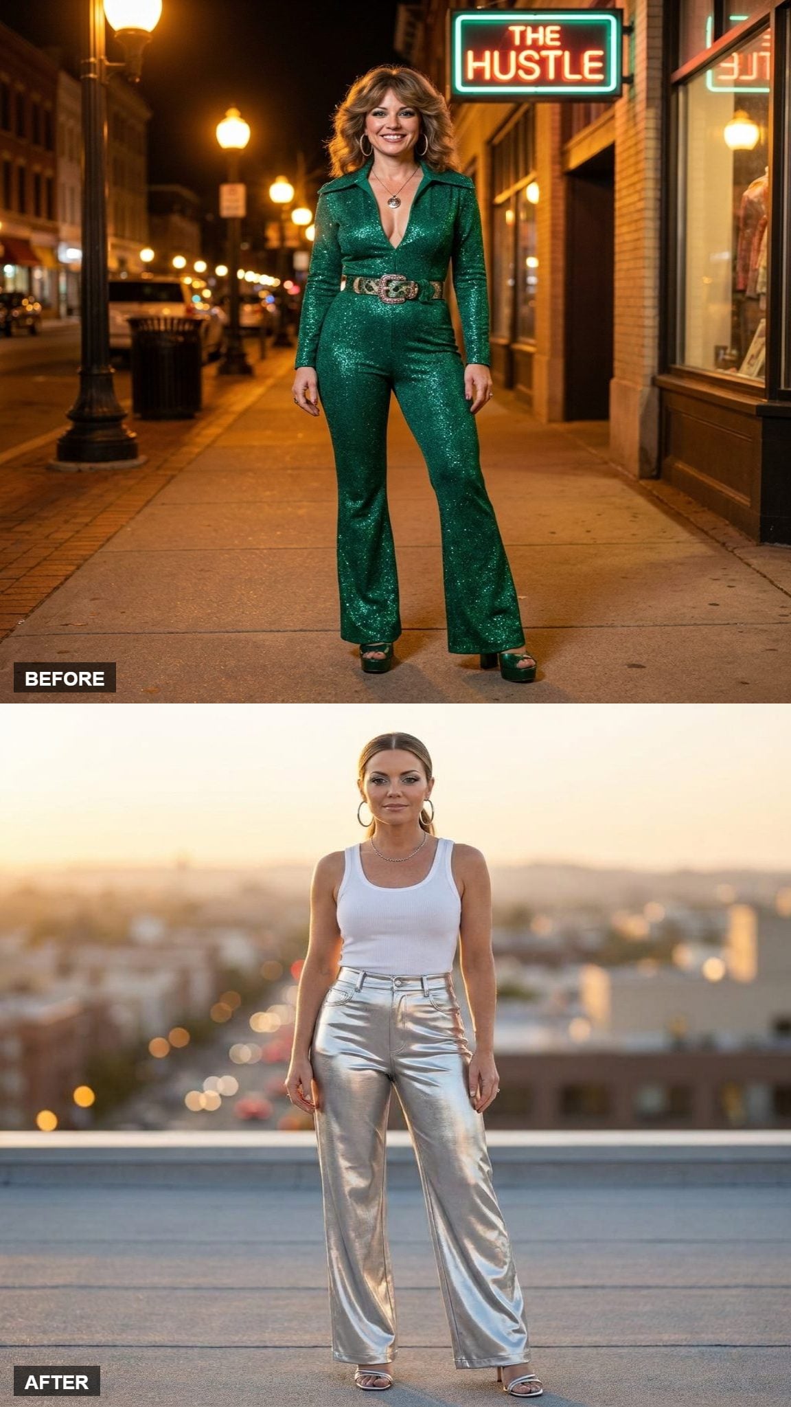 Silver Metallic Wide-Leg Trousers with a Simple White Ribbed Tank