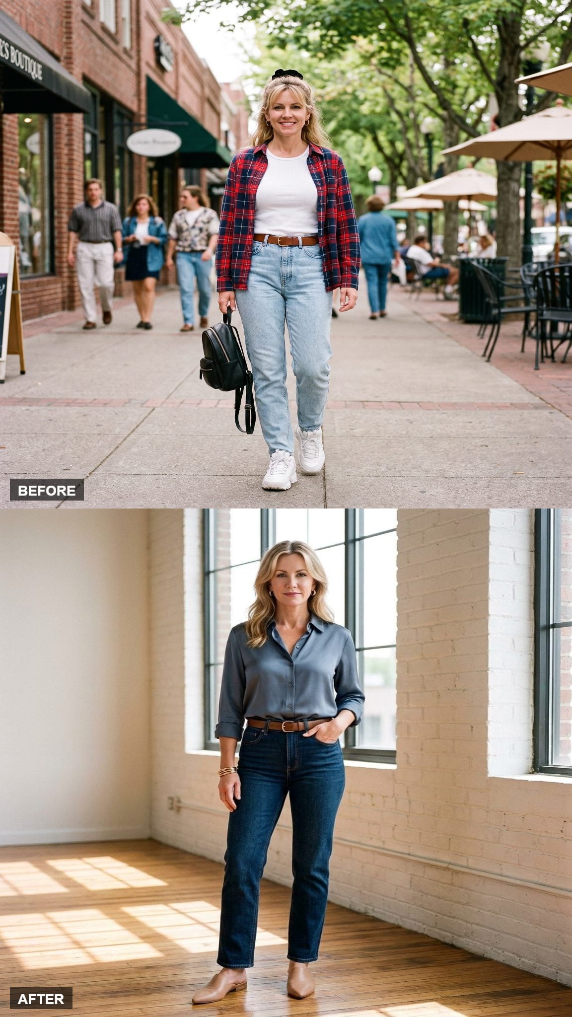 Slate Blue Silk Shirt and Dark Denim, Sleeves Pushed