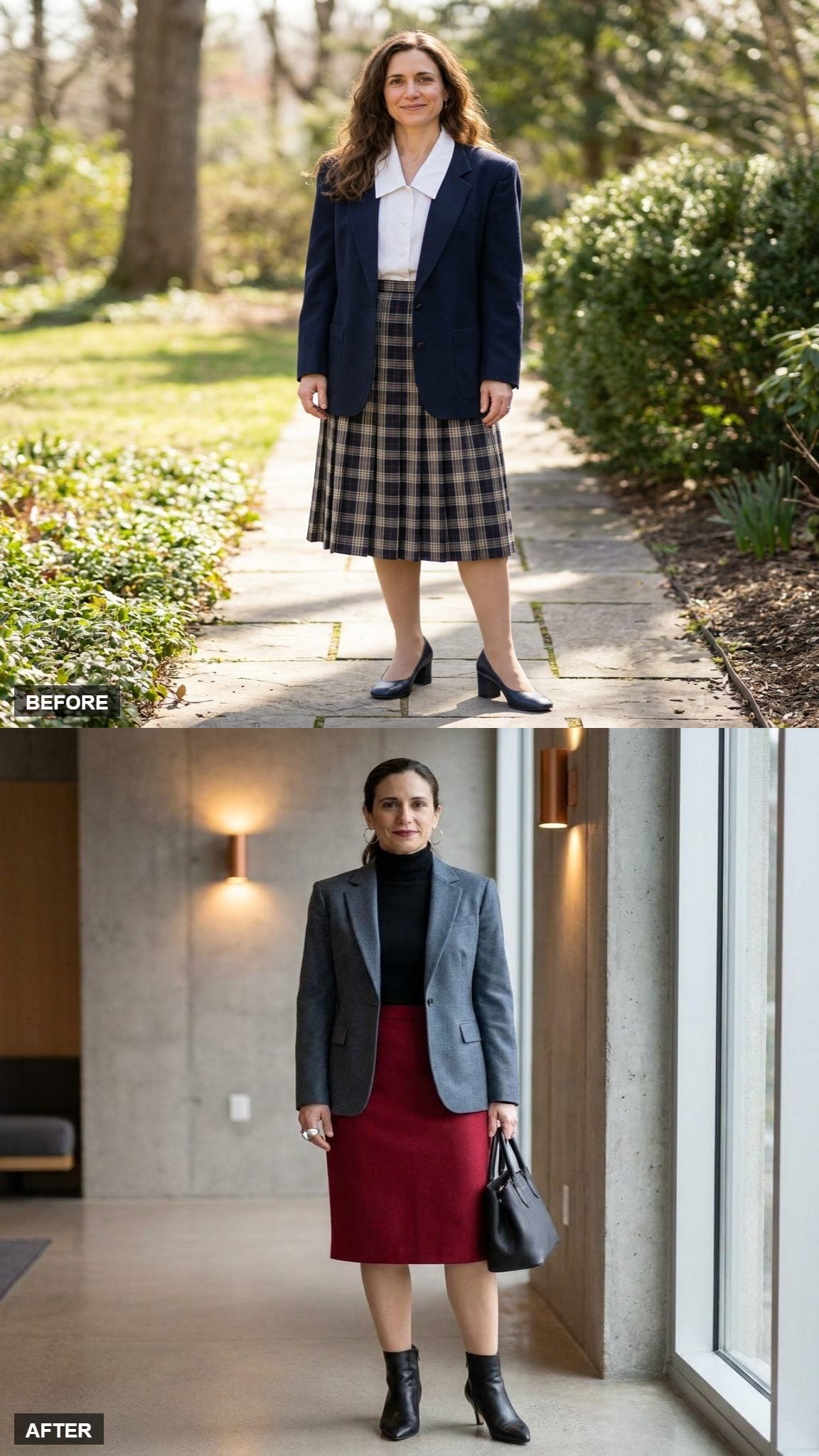 Slate Grey Blazer and Cranberry Wool Skirt for a Wednesday That Refuses to Be Boring