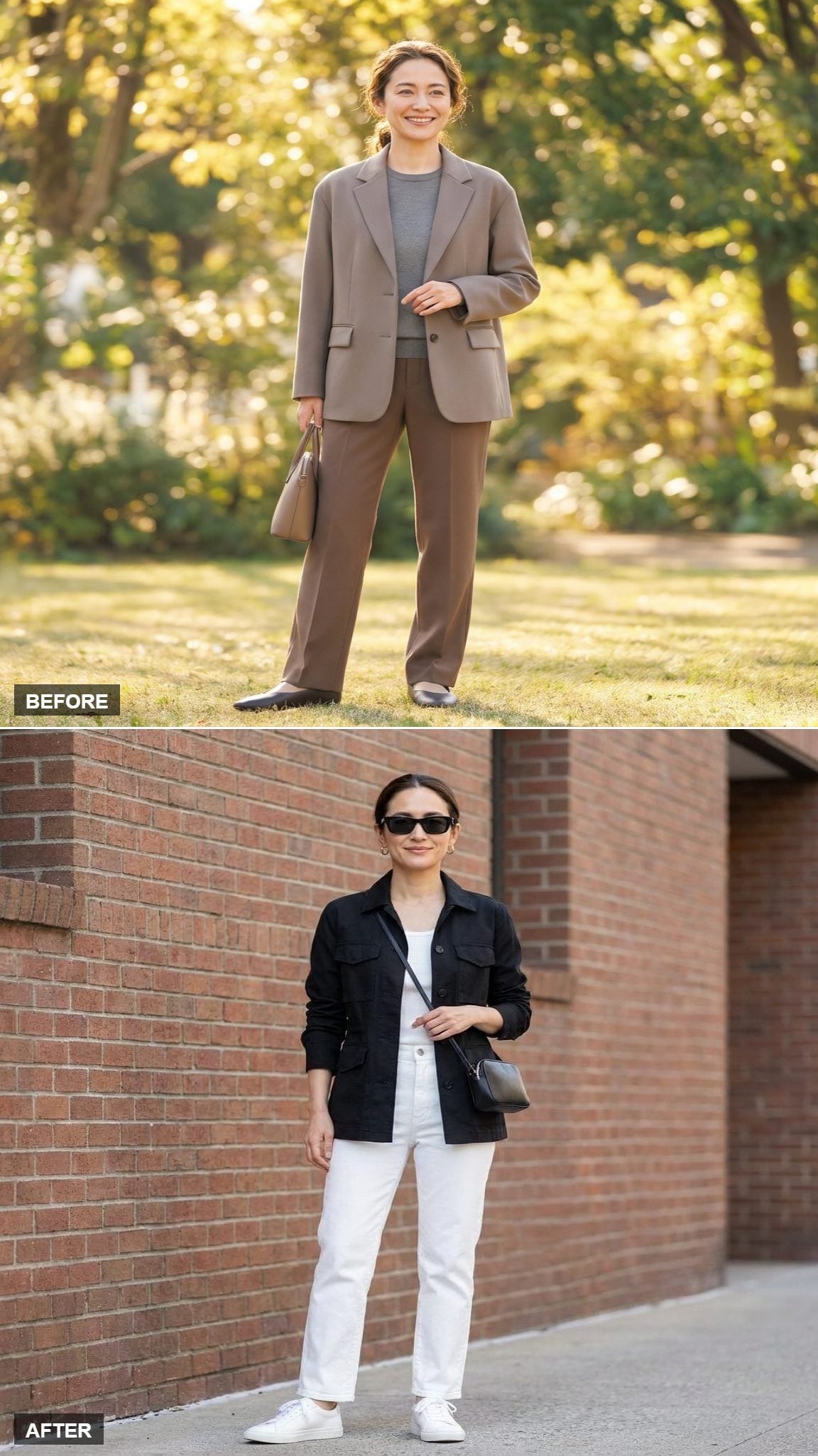 Sleek City Errand Run in a Black Utility Jacket and White Straight-Leg Jeans
