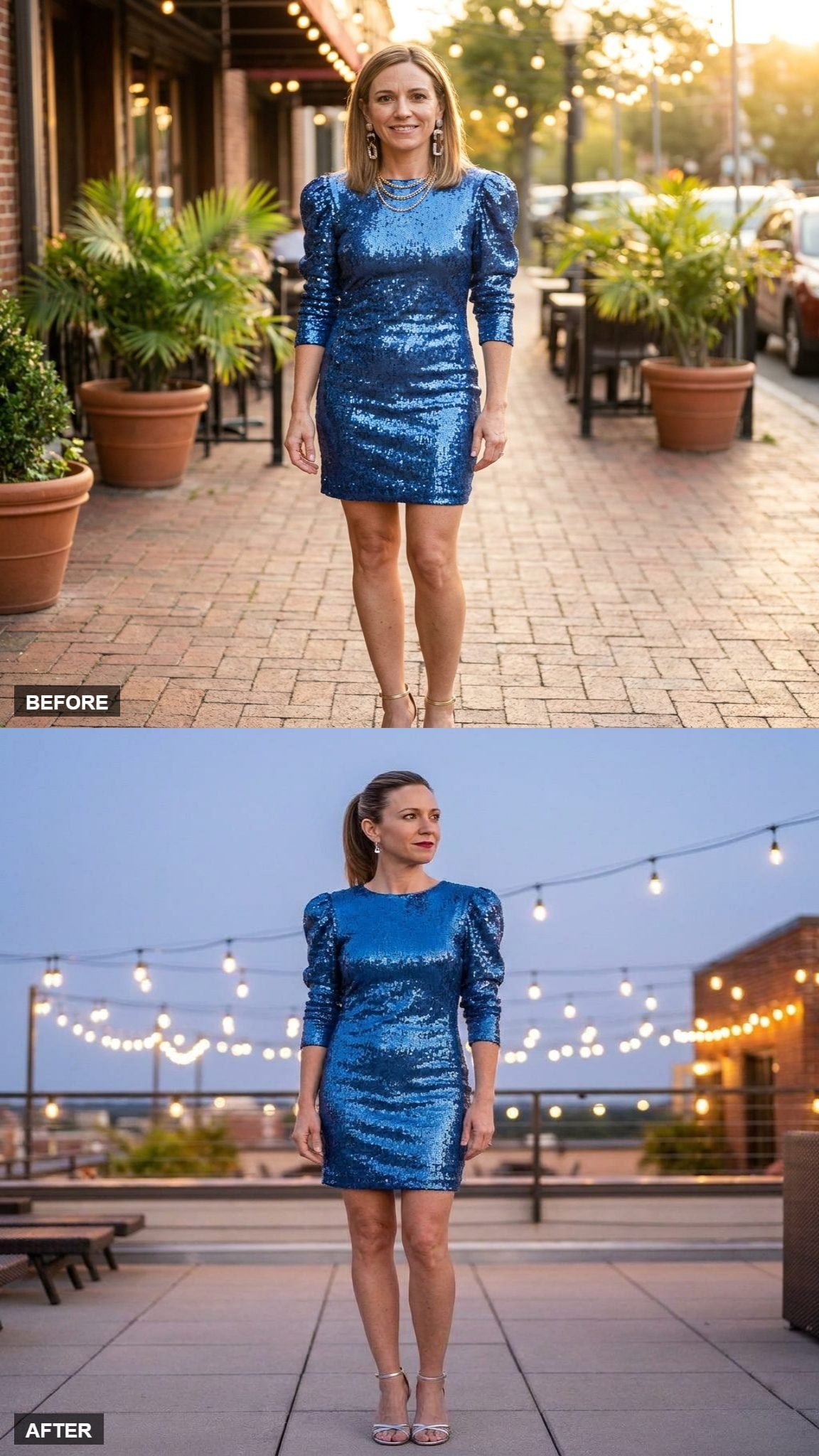 Sleek Ponytail and Bare Legs for After-Dark Confidence