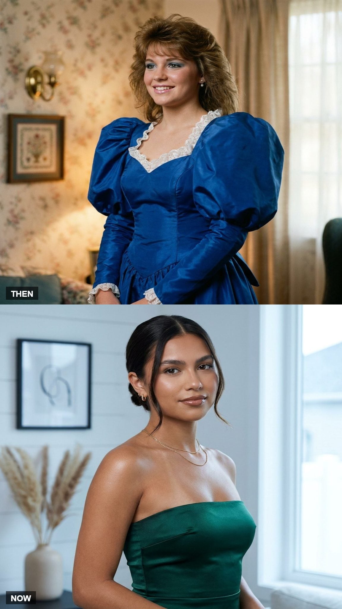 Voluminous 1980 prom sleeves compared with a modern sleeveless prom dress