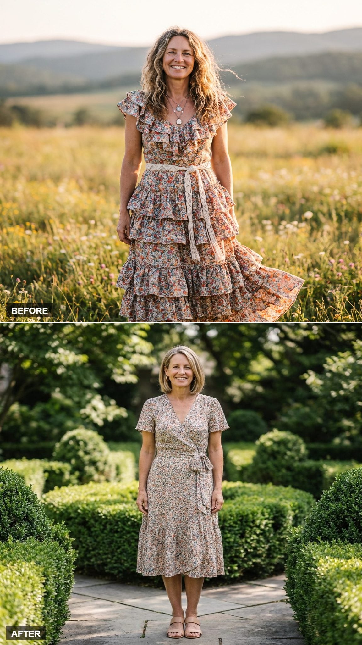 A Small-Scale Floral Wrap Dress With a Defined Waist Tie, Knee-Length, Single Tier