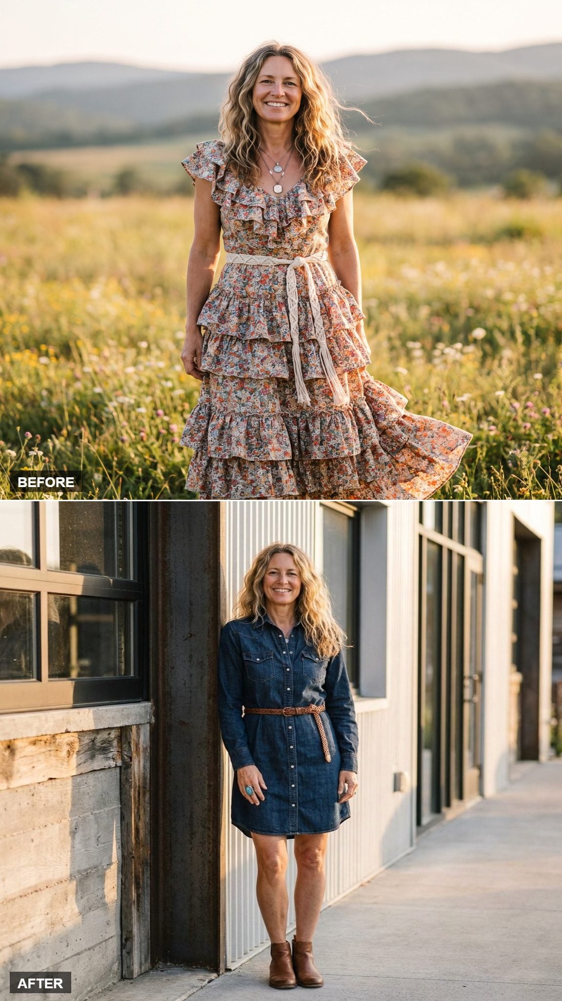 Snap-Button Denim Shirt Dress, Thin Woven Belt, Turquoise Ring, and Simple Ankle Boots With Industrial Architecture Behind