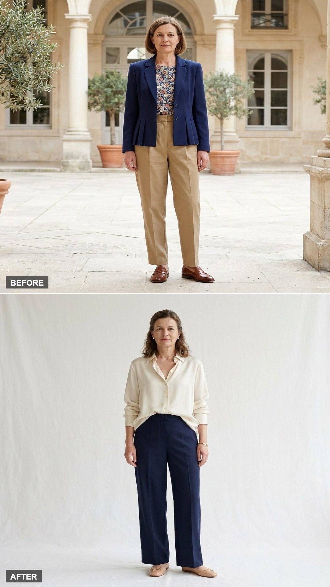 Soft French-Girl Energy in a Cream Silk Blouse, Wide-Leg Navy Trousers, and Nude Ballet Flats