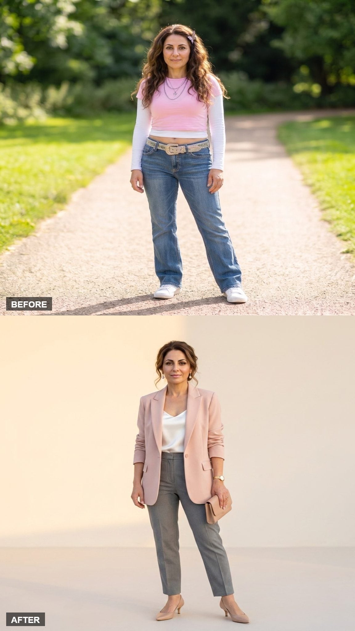 Soft Pink Oversized Blazer, White Satin Cami, Tailored Gray Cigarette Trousers, and Beige Pointed Heels