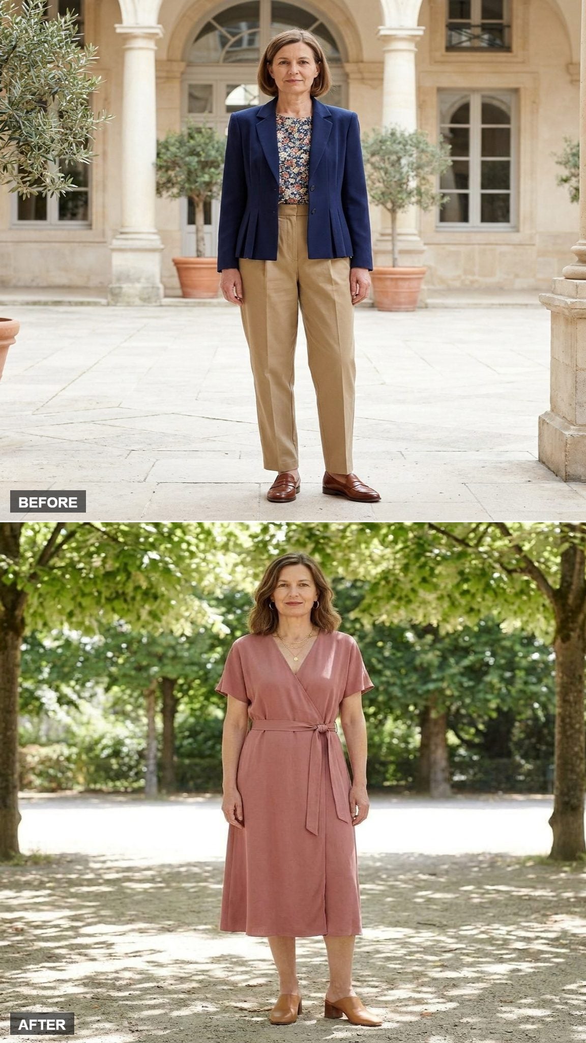 Soft Power Weekend in a Dusty Rose Wrap Dress and Tan Block-Heel Mules