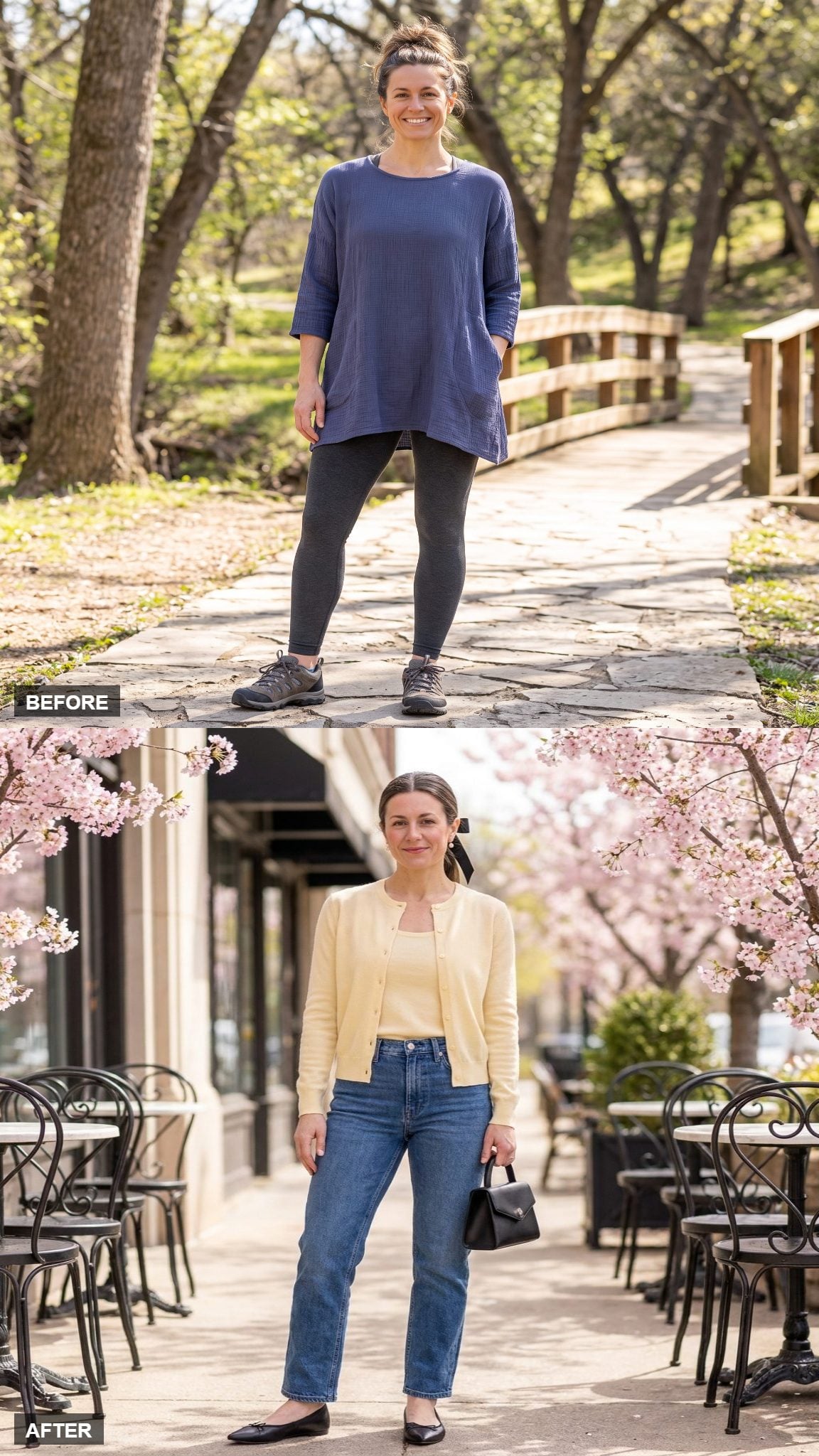 Spring Weekend in a Buttercream Cardigan Set, Straight-Leg Jeans, and Ballet Flats