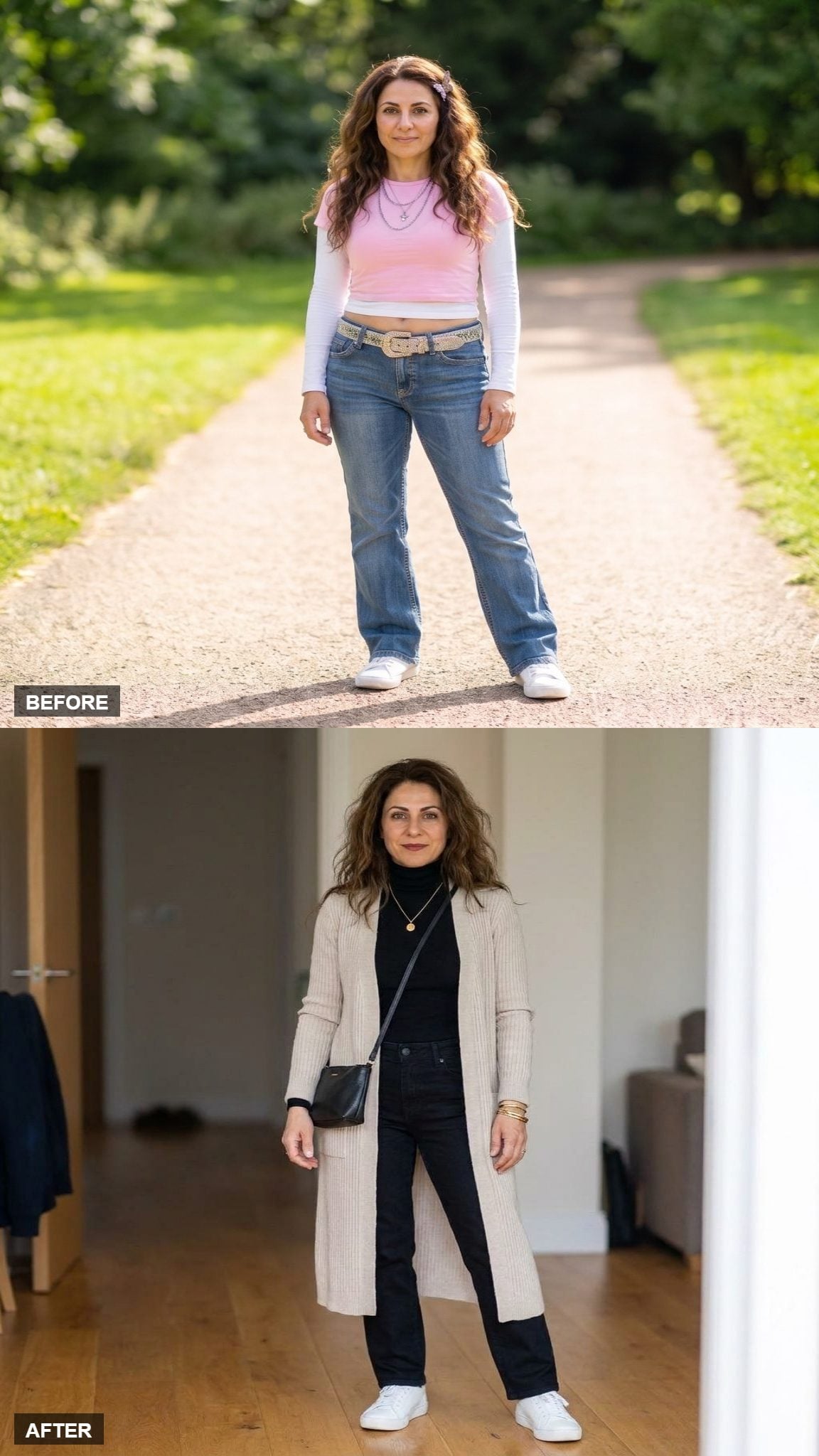 Stone-Colored Longline Cardigan, Fitted Black Turtleneck, Straight Black Jeans, and White Leather Sneakers Done Right