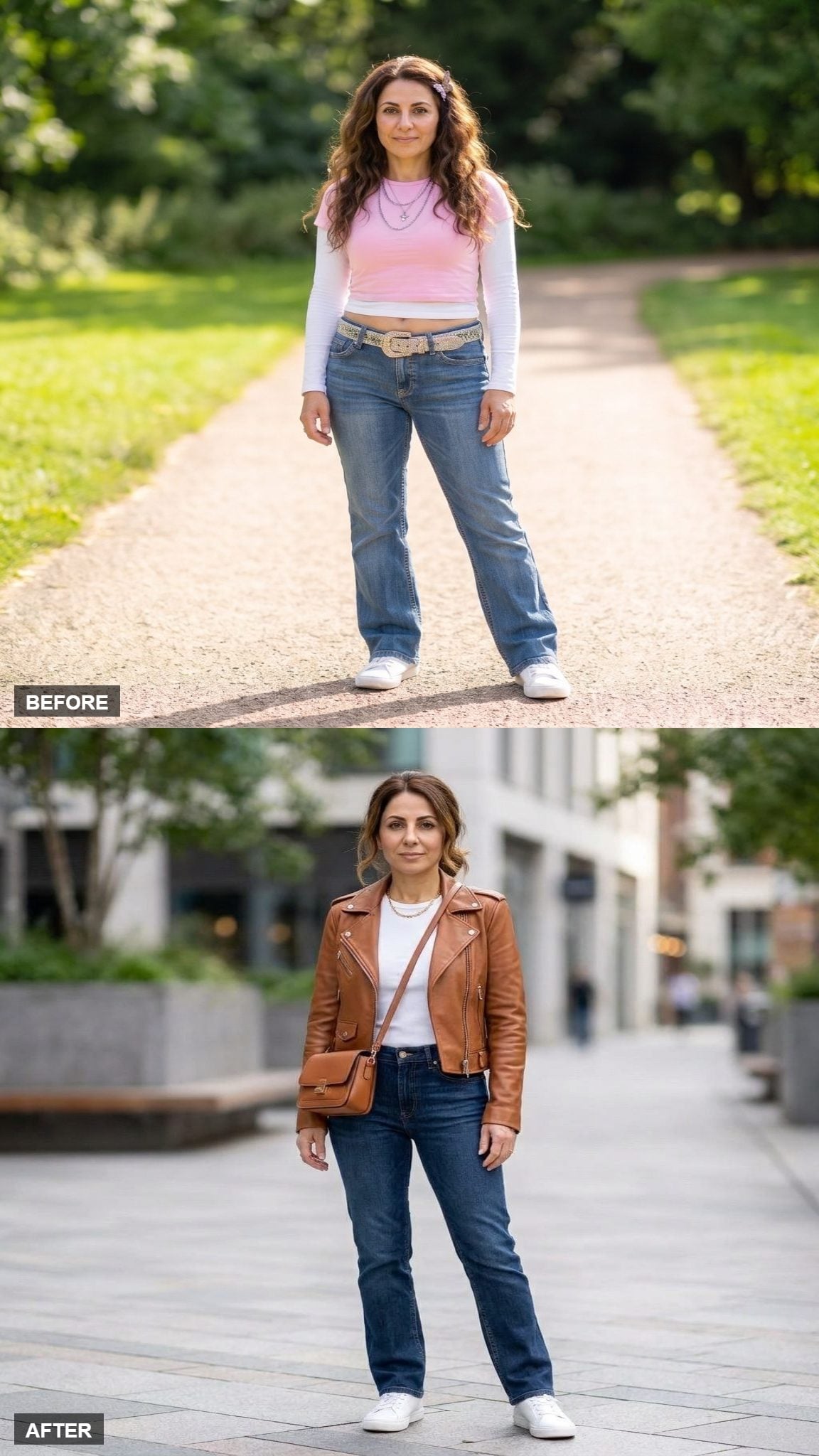 Straight-Leg Dark Wash Jeans, a White Fitted Crewneck, and a Fitted Leather Moto Jacket in Cognac