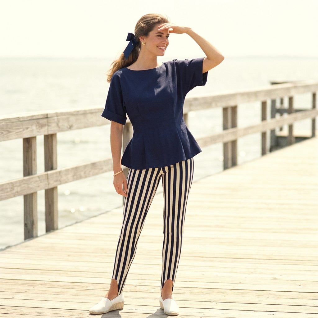 The Striped Stirrup Pant in Navy and Cream With a Solid Navy Peplum Top That Read as a Complete Set Even When It Wasn't