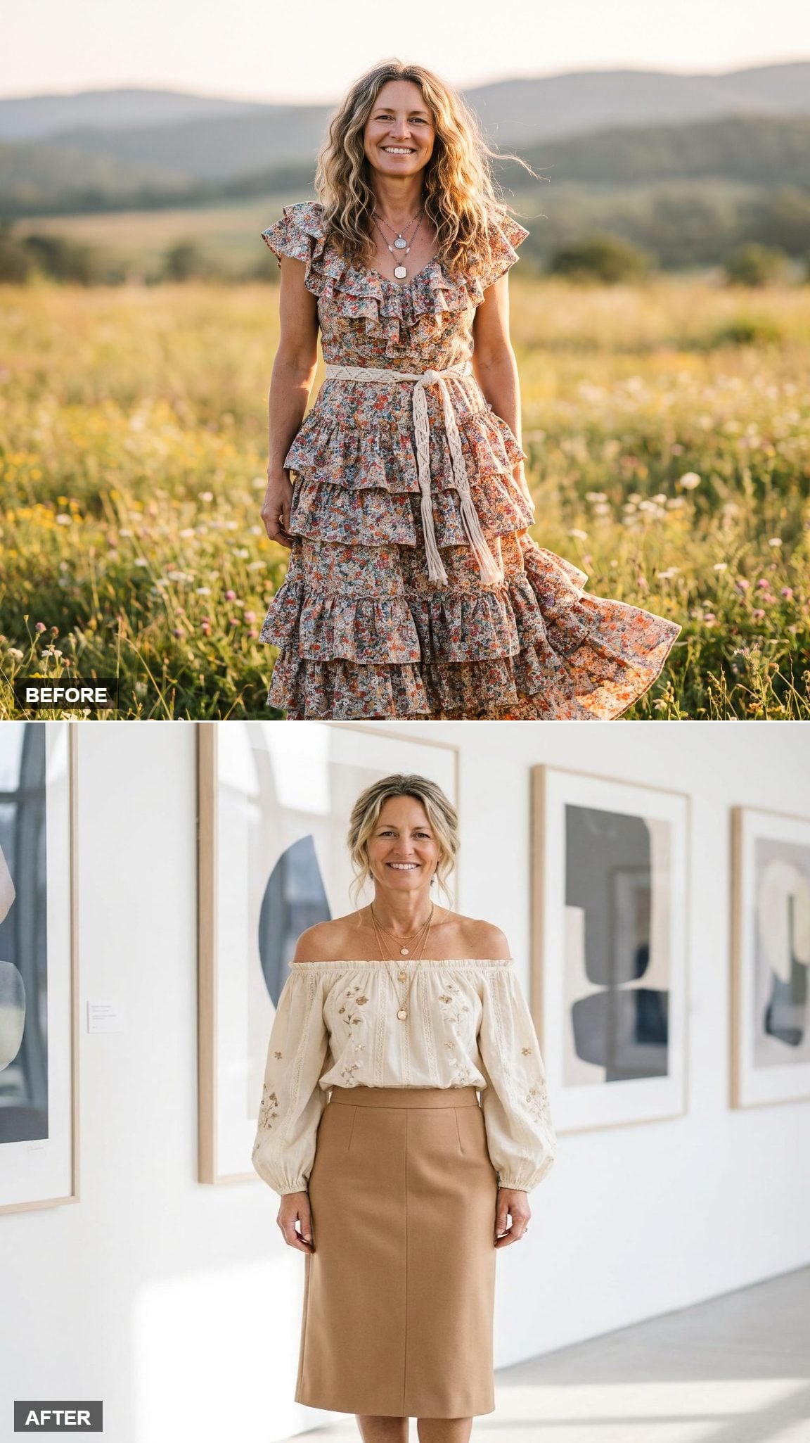 Structured Off-Shoulder Cream Blouse, Camel Midi Skirt, and Thin Layered Necklaces