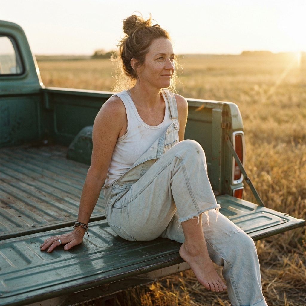 Sun-Faded Overalls Barefoot on the Tailgate