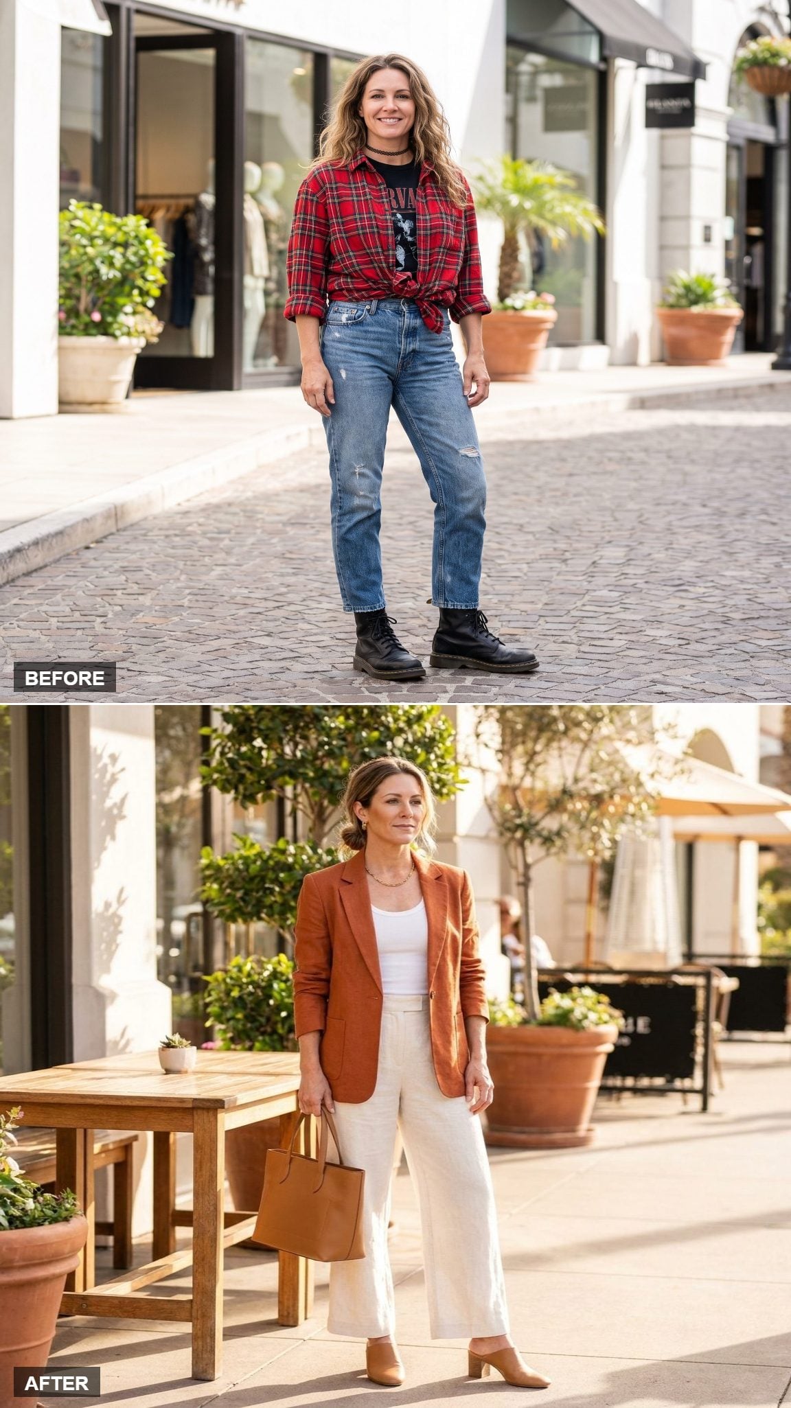 Rust linen blazer with coordinating wide-leg trousers