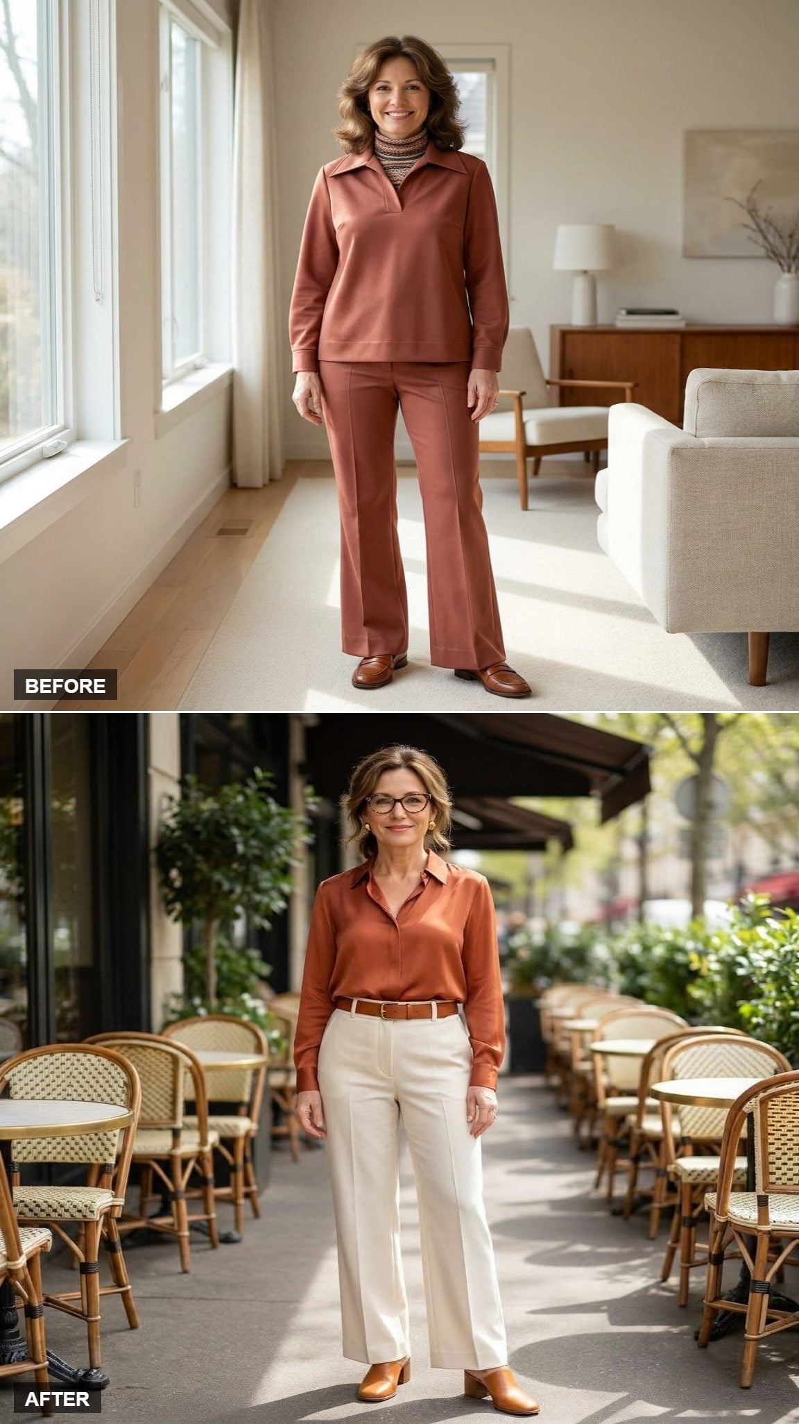 Sunday Brunch Confidence in a Rust Silk Blouse, Wide-Leg Trousers, and Tortoiseshell Frames
