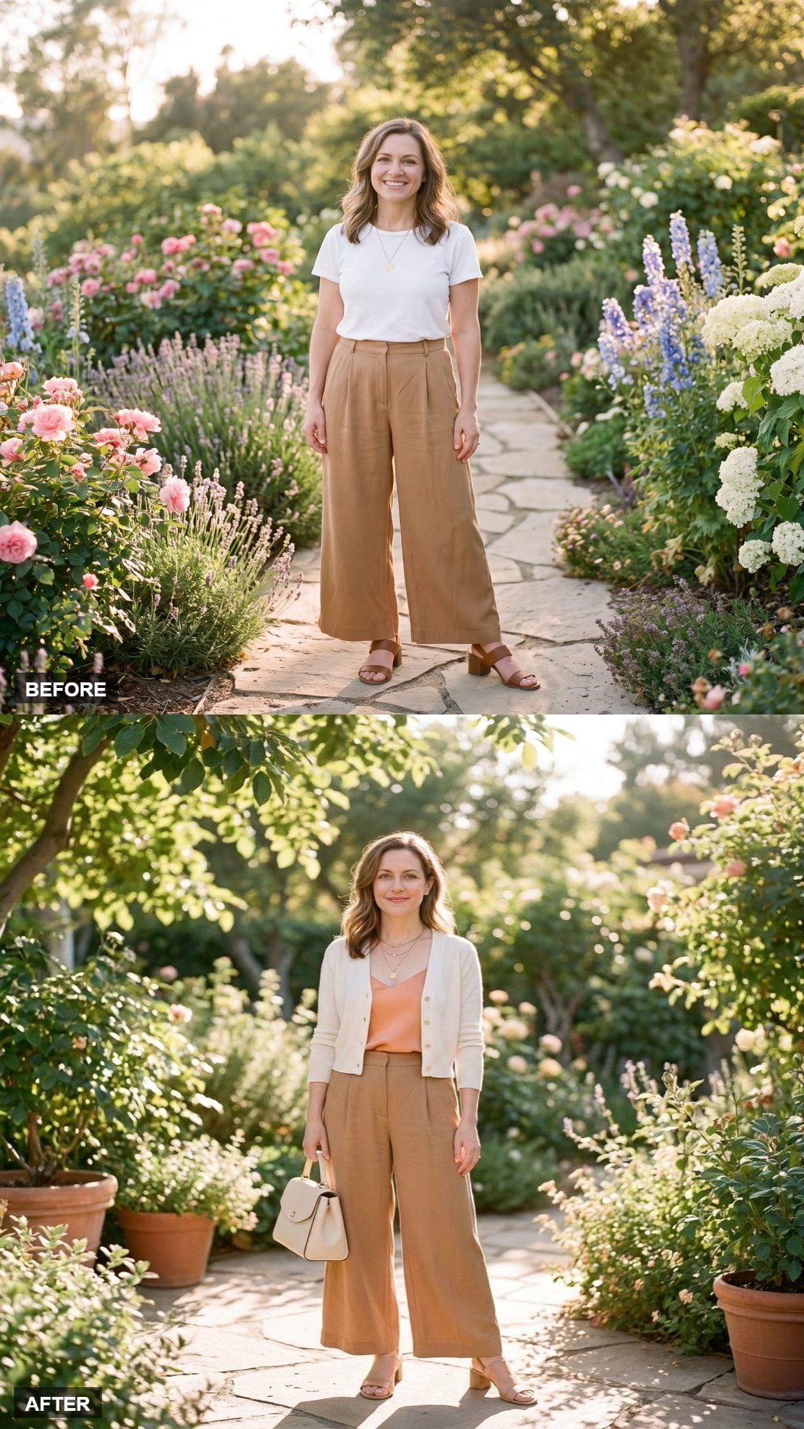 Sunday Brunch in a Peach Silk Cami and Cropped Cardigan