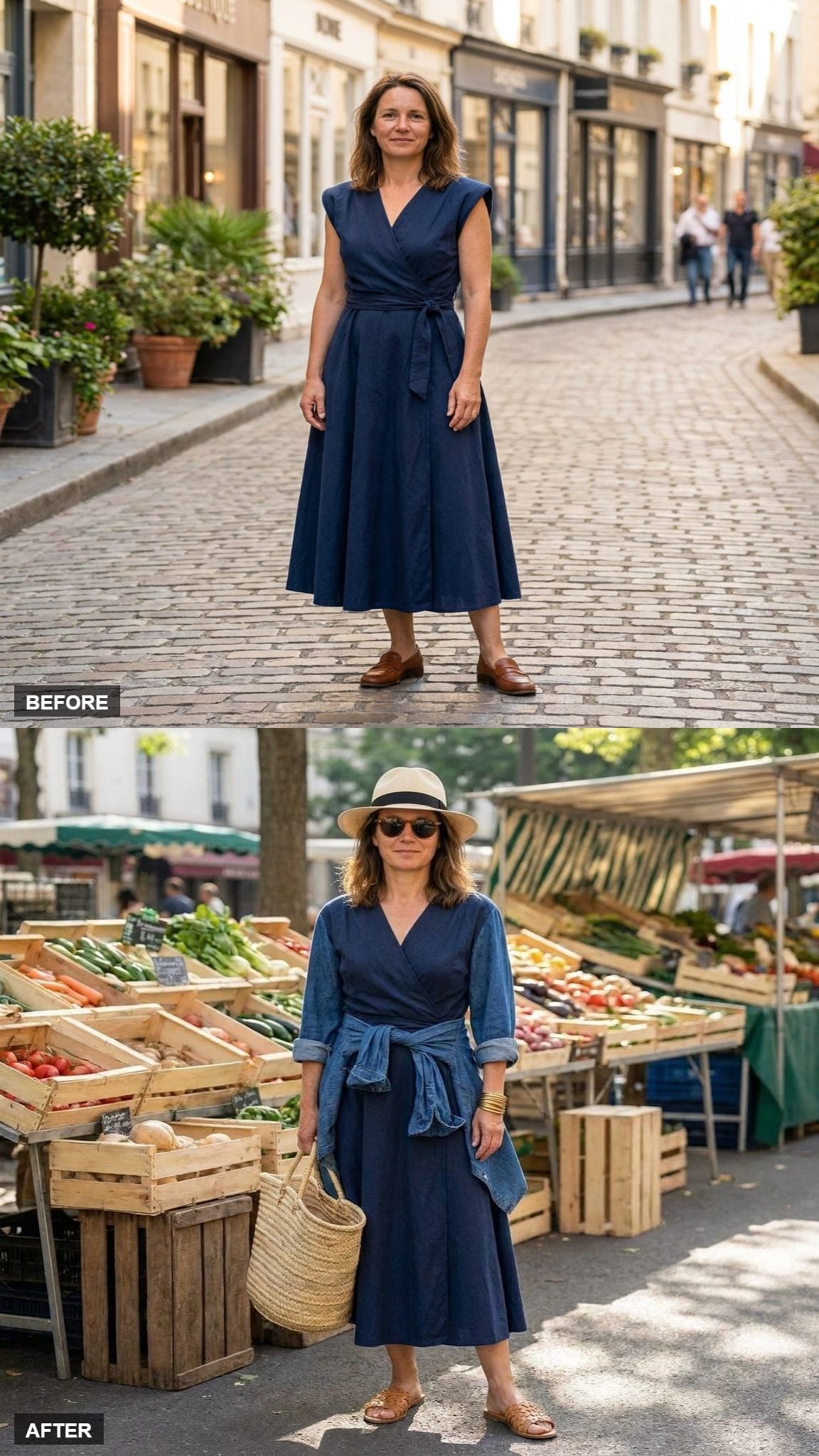 Sunday Farmers Market With a Knotted Denim Shirt, Woven Slides, and a Straw Hat