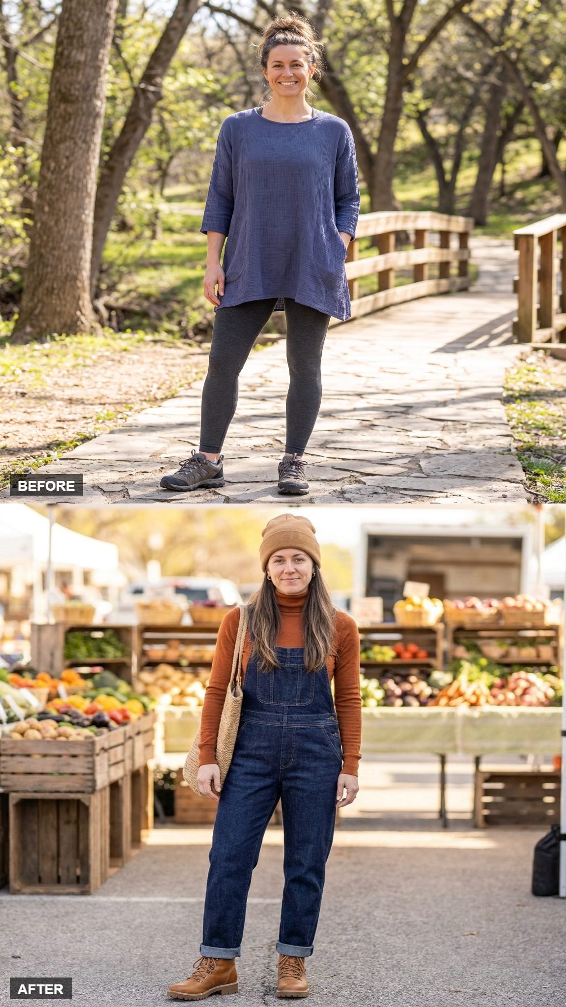 Sunday Farmers Market in Overalls, a Rust Turtleneck, and Hiking Boots