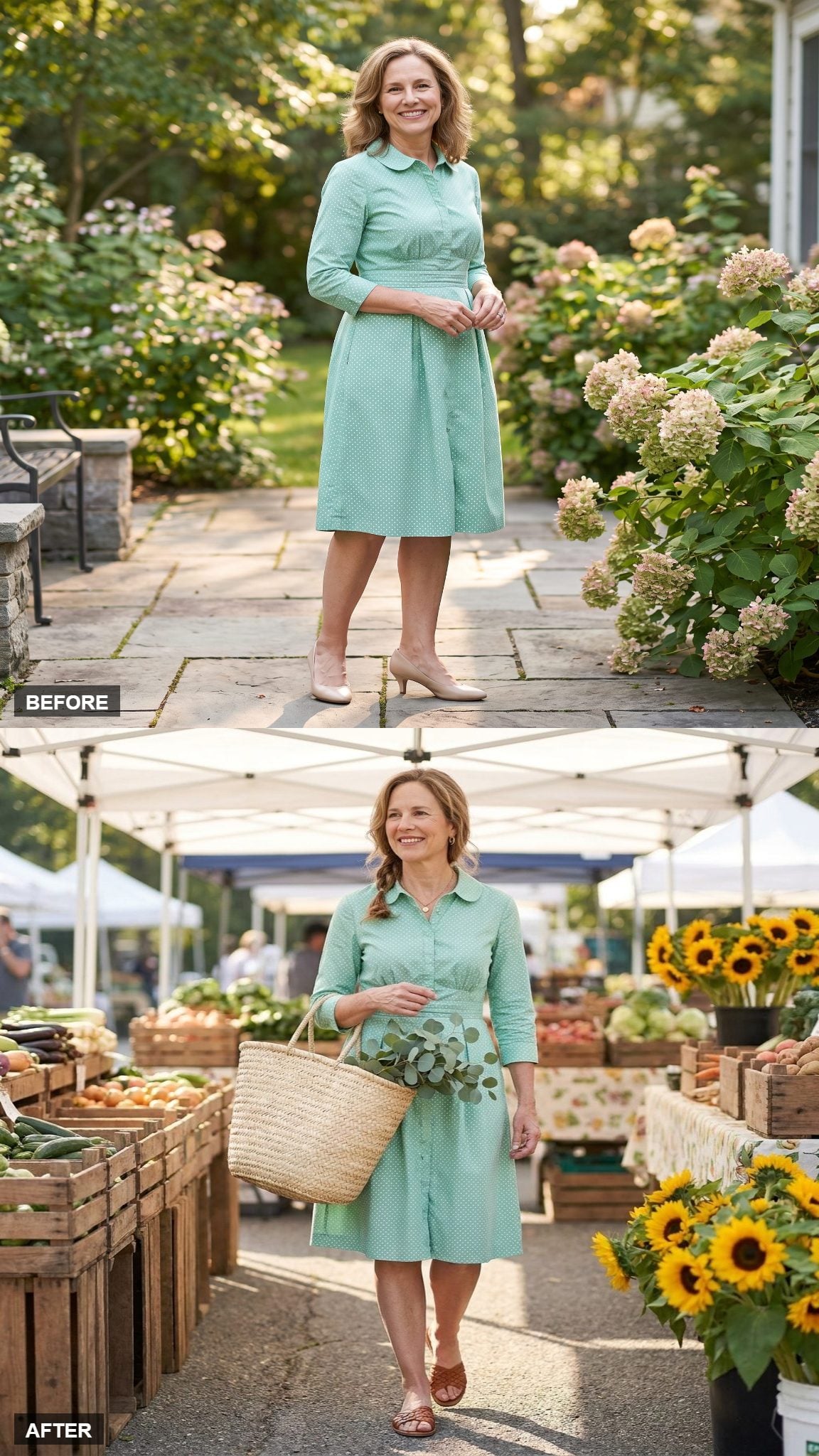 Sunday Farmers Market with a Straw Tote and Woven Flats