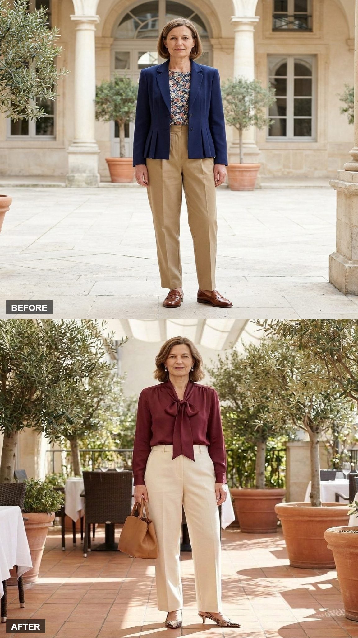 Sunday Long Lunch in a Wine Red Silk Blouse, High-Waisted Cream Trousers, and Snake Print Slingbacks