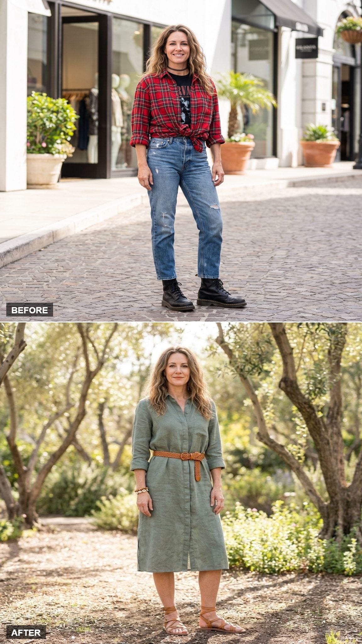 Sage linen shirt dress with woven belt and tan leather sandals