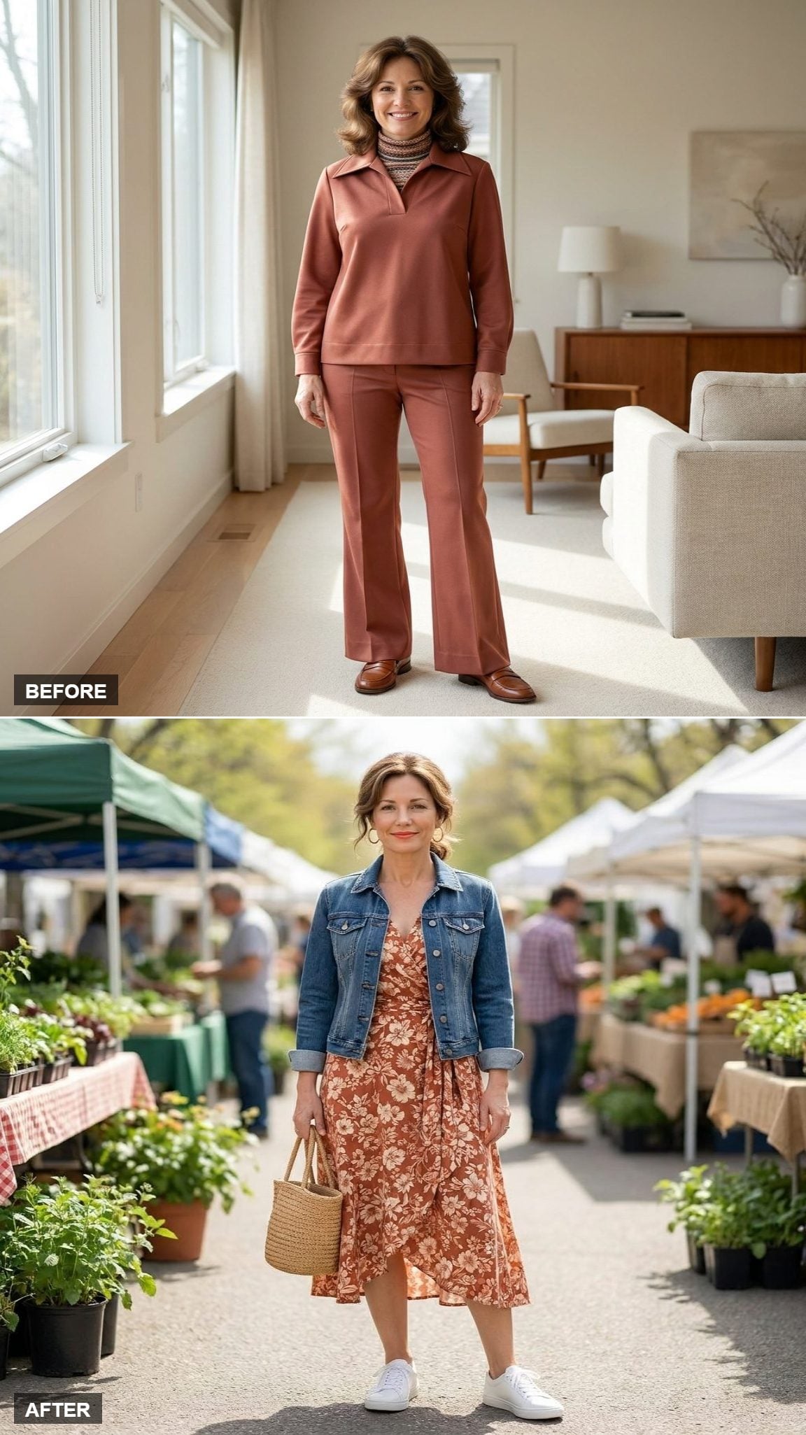 Sunday Market Cool in a Floral Midi Dress, Denim Jacket, and White Leather Sneakers