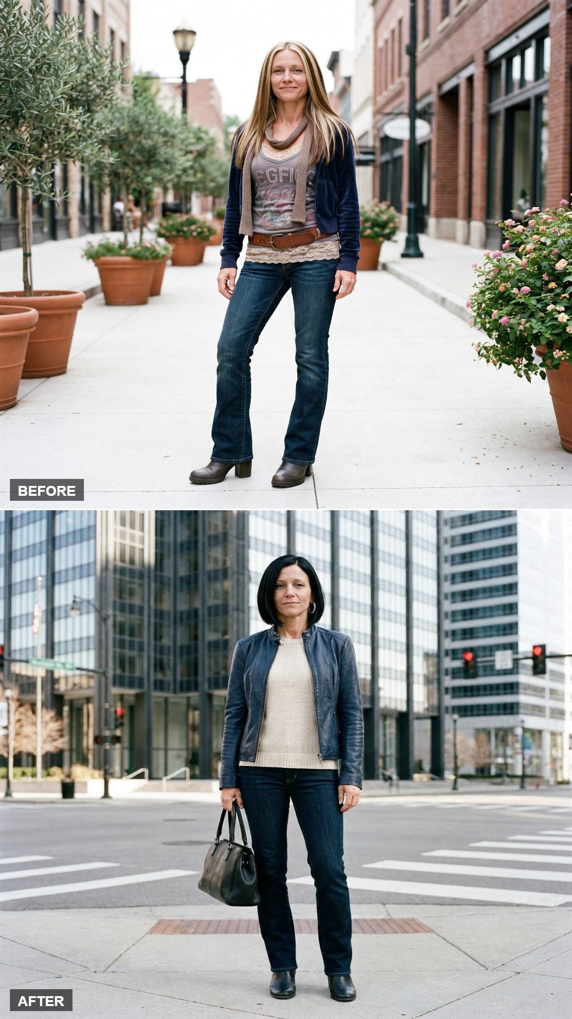 Supple Leather Jacket Over a Monochromatic Knit with Dark Denim and Ankle Boots at a Downtown Crosswalk