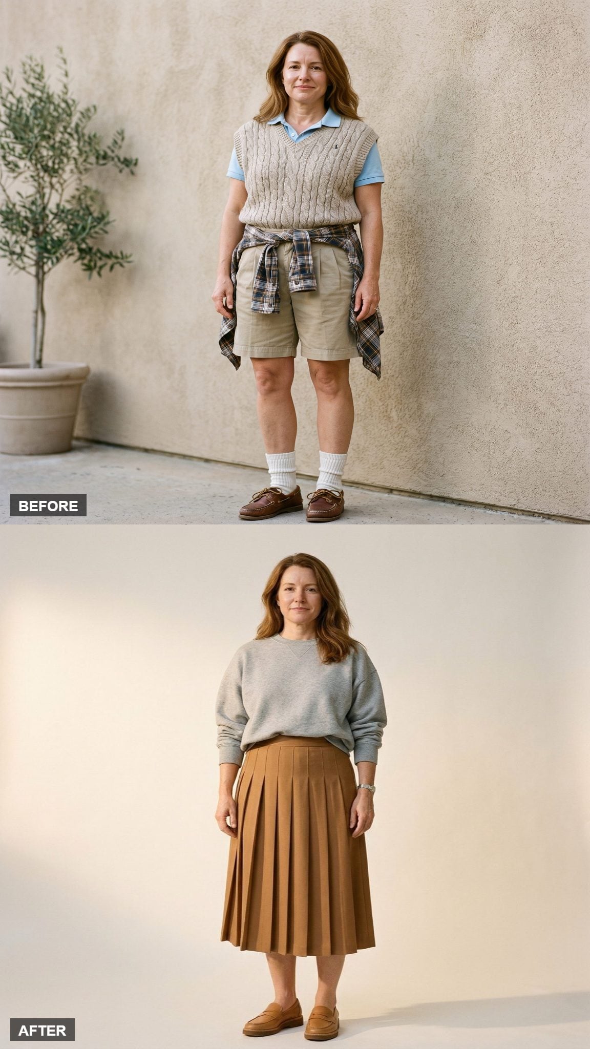 The Sweatshirt With Intentions: Oversized Crewneck Tucked Into a Pleated Midi Skirt and Loafers