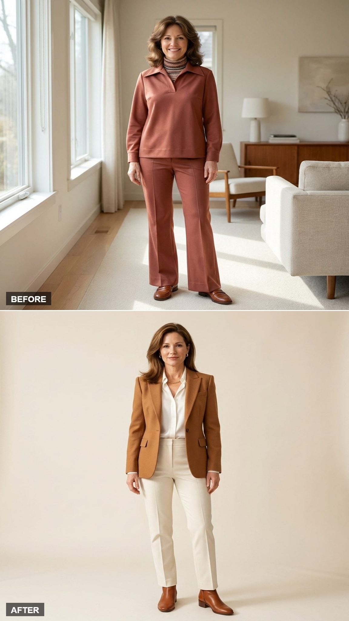 Tailored Power in a Caramel Wool Blazer, Slim Trousers, and Cognac Ankle Boots