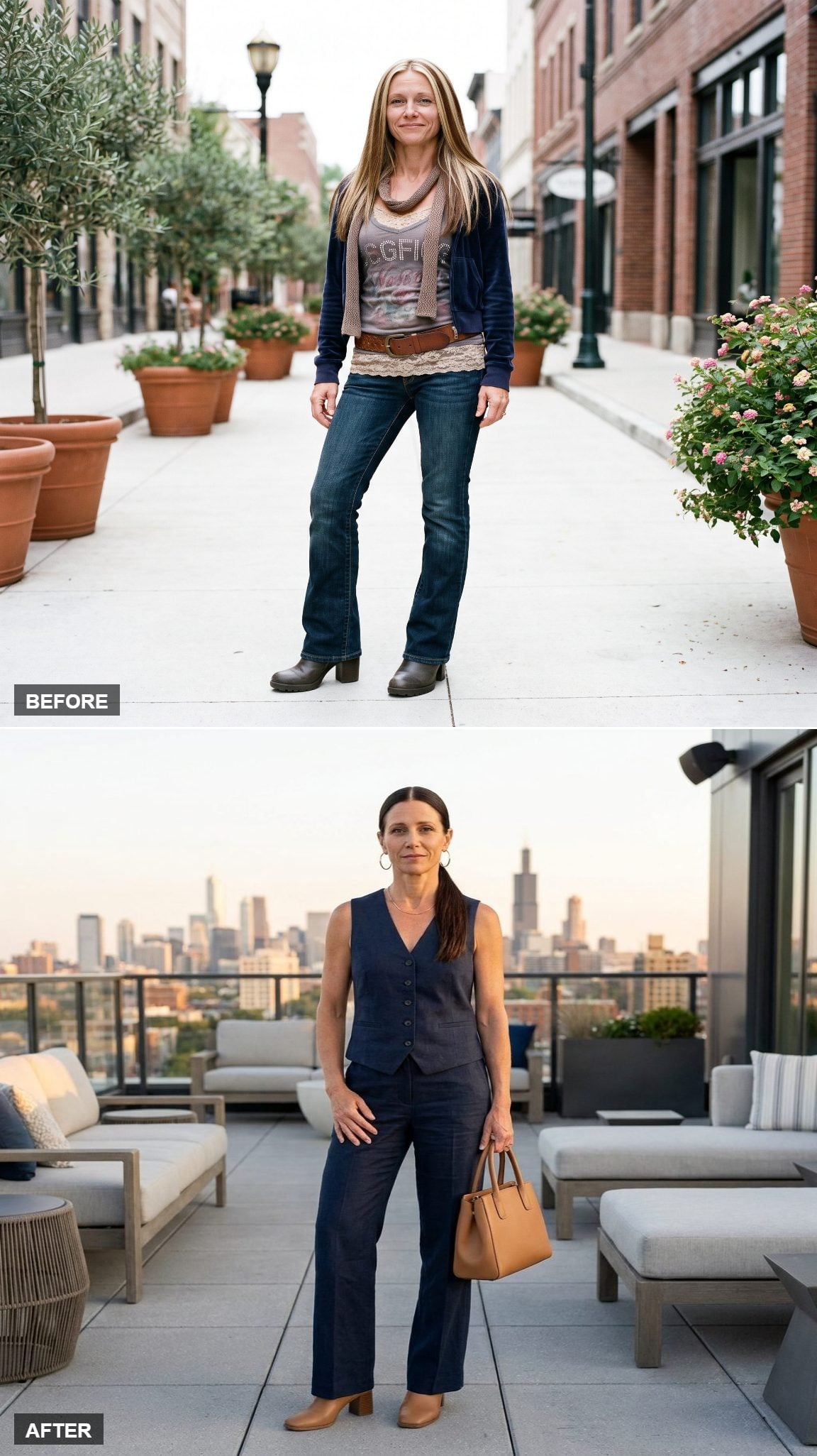 Tailored Vest, Wide-Leg Trousers, and a Structured Handbag on a City Rooftop