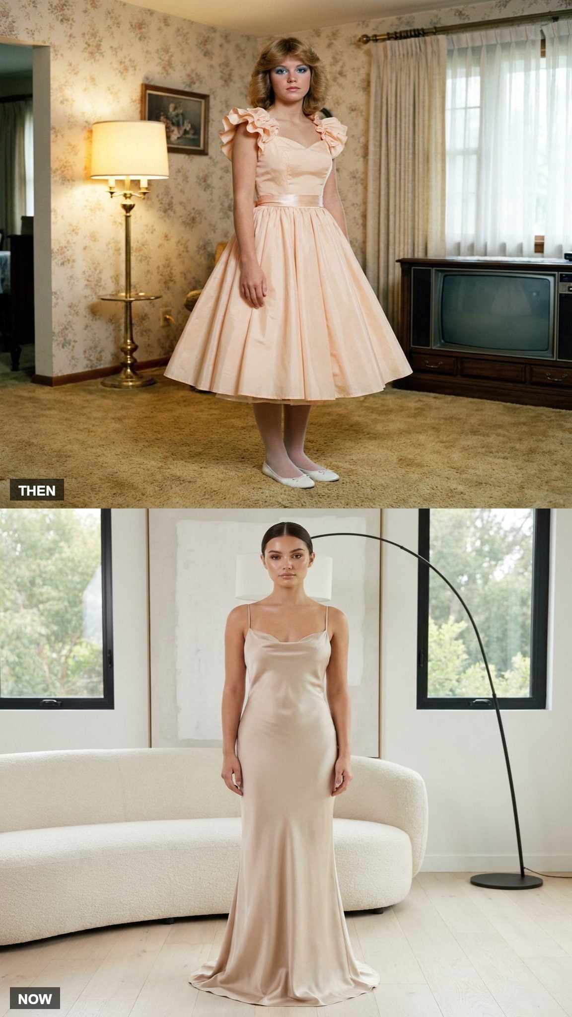 Tea-length 1980 prom dress compared with a sweeping modern gown