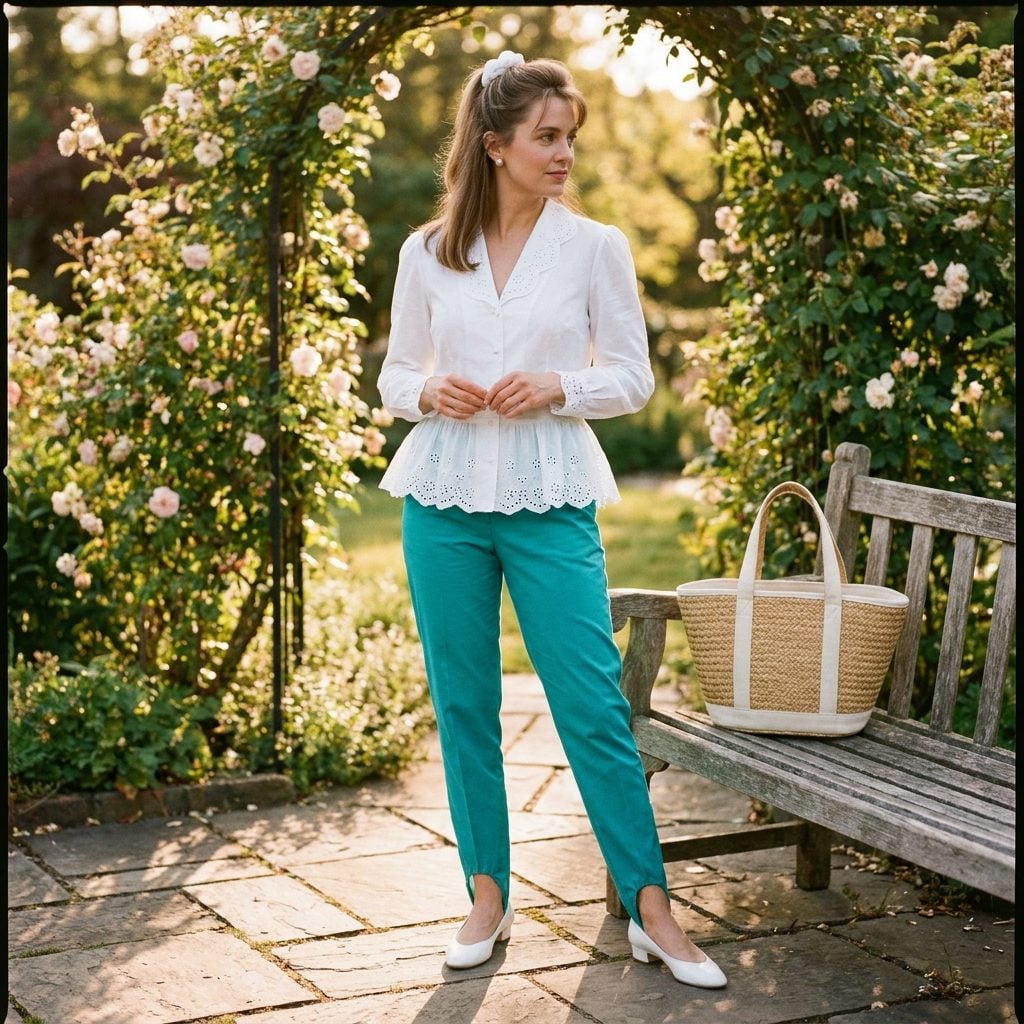 The Teal Stirrup Pant and White Eyelet Peplum Top You Wore to Every Daytime Occasion That Summer