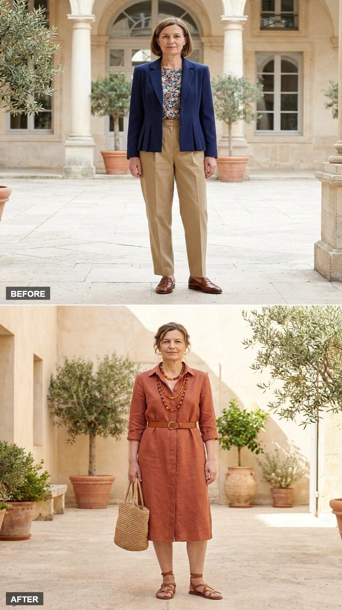 Terracotta Moment in a Belted Shirtdress, Cognac Sandals, and Layered Amber Jewelry