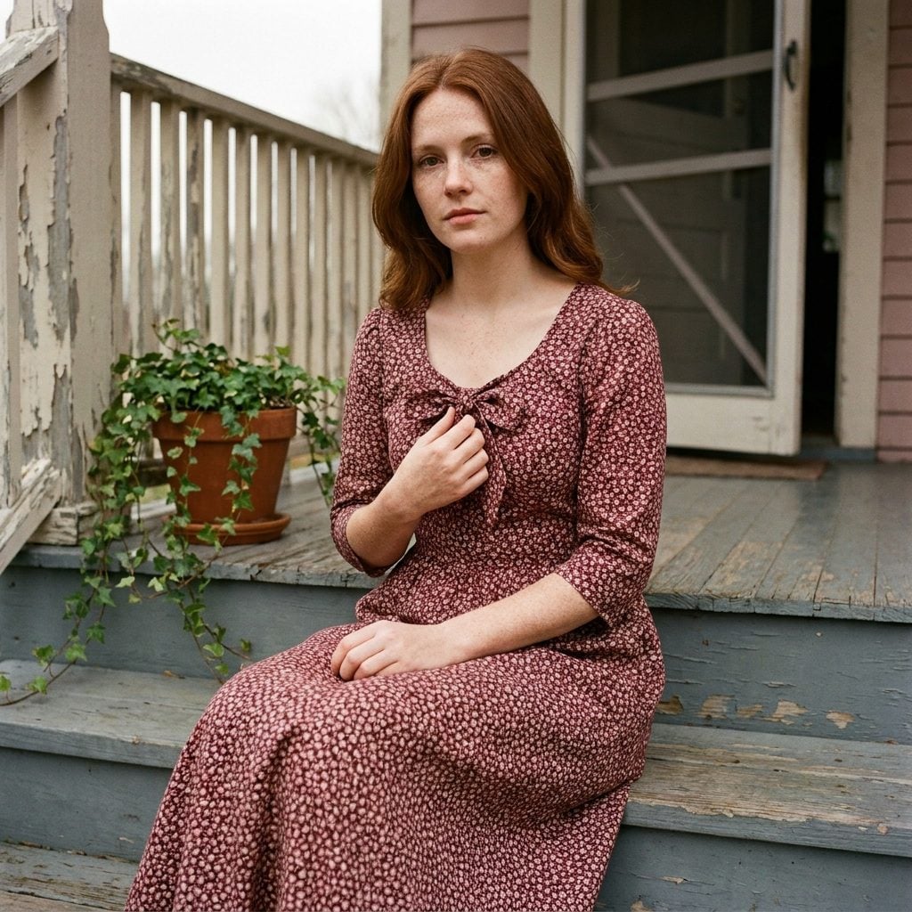 Burgundy floral prairie dress with tie-front neckline