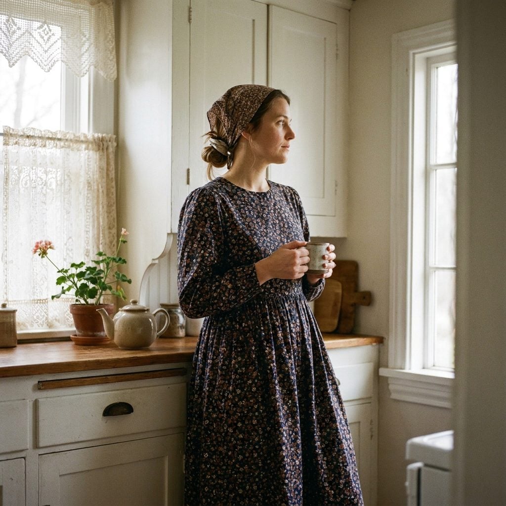 Dark calico prairie dress worn with a floral headscarf