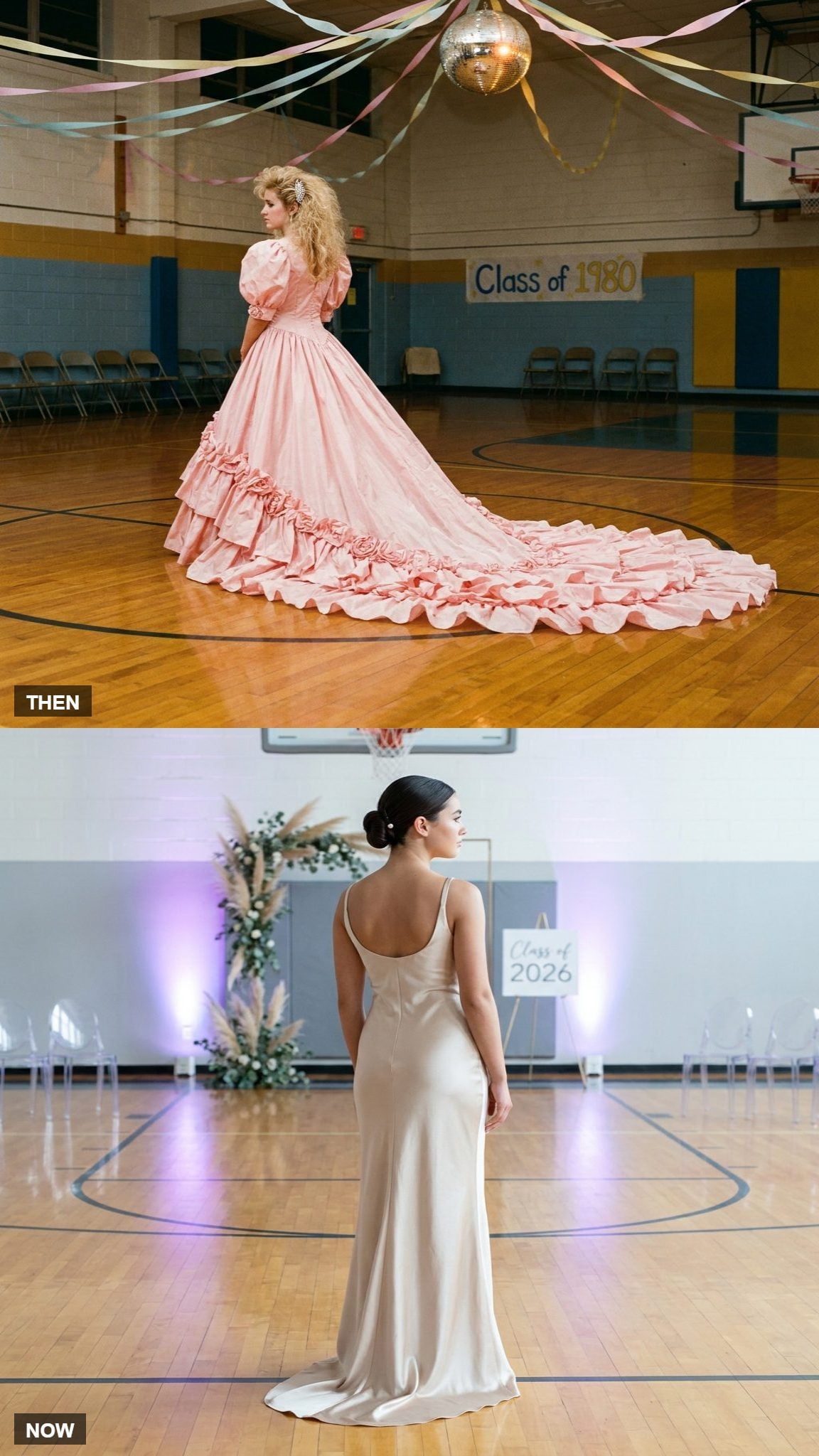 Large ruffled 1980 prom train compared with a subtle modern train