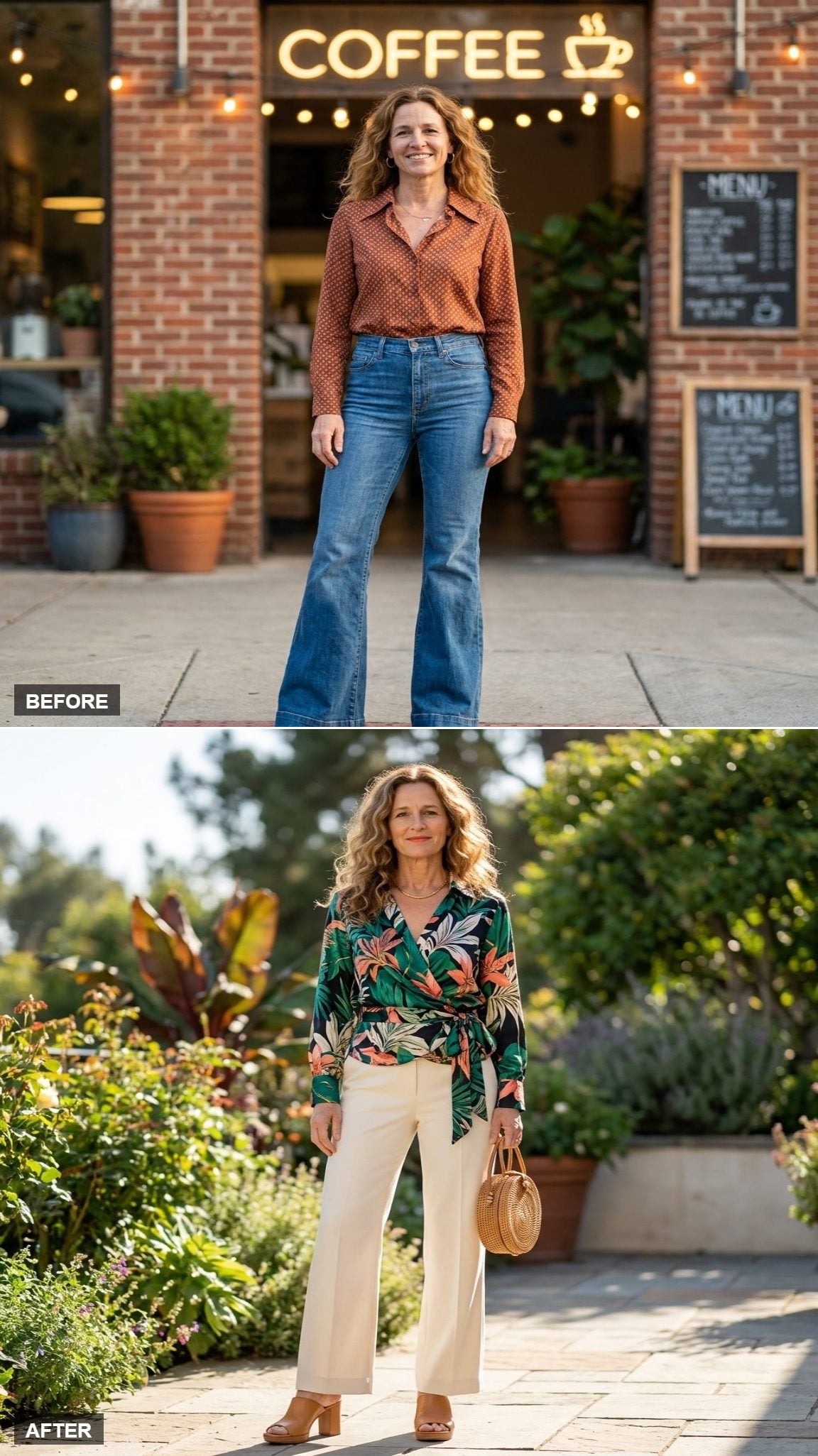 Tropical Print Statement in a Silk Wrap Blouse, Cream Wide-Leg Trousers, and Tan Mule Heels