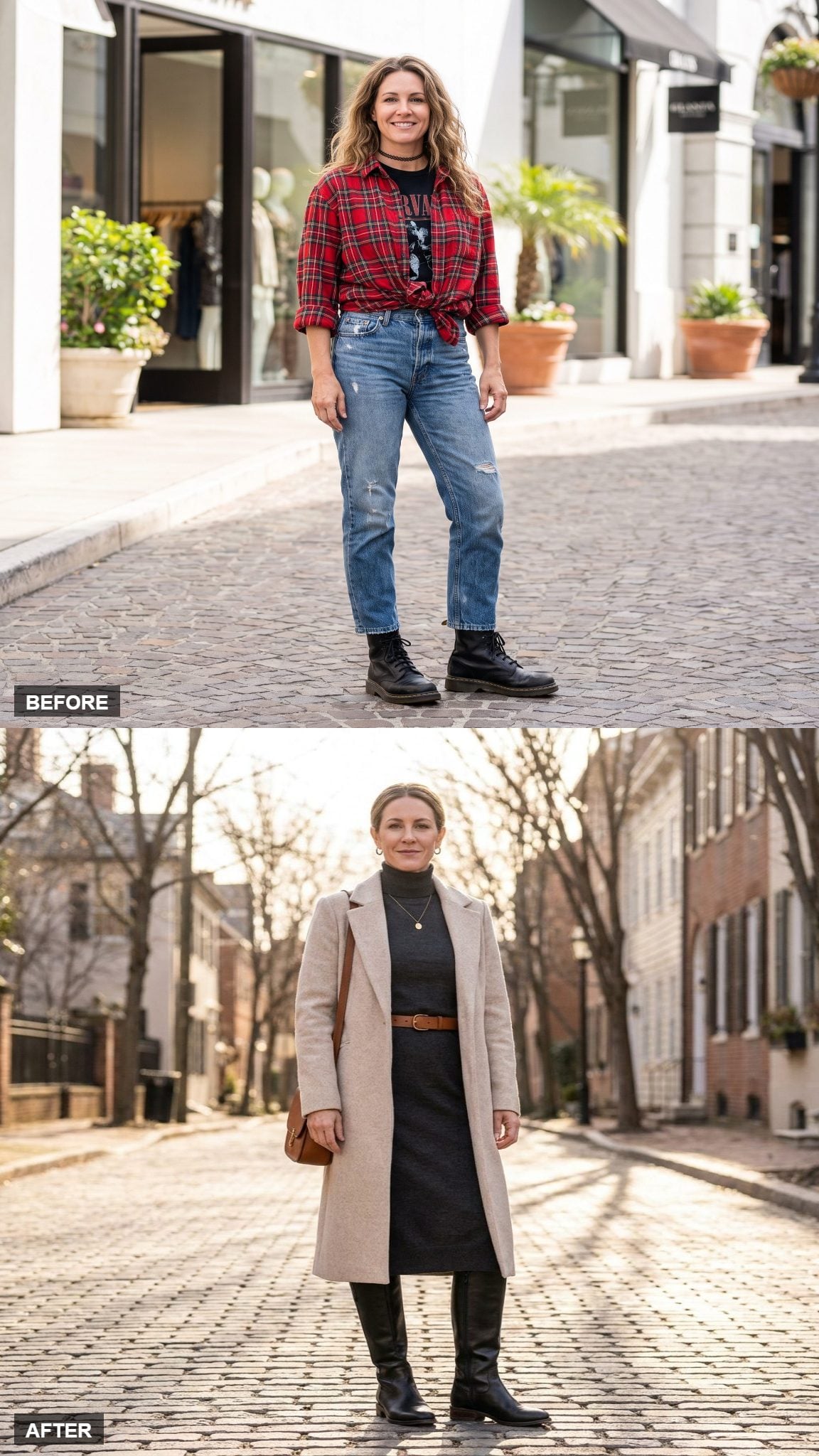 Charcoal turtleneck dress with tall boots, cognac belt, and long oatmeal coat