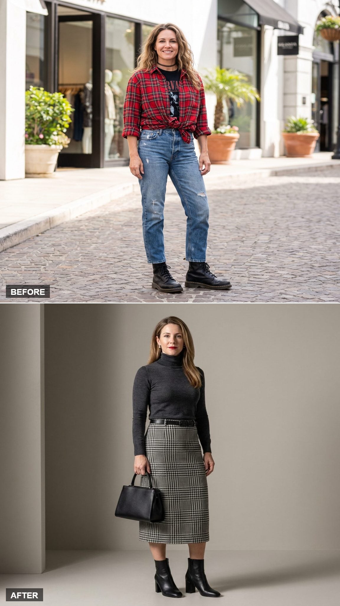 Charcoal turtleneck with houndstooth midi skirt