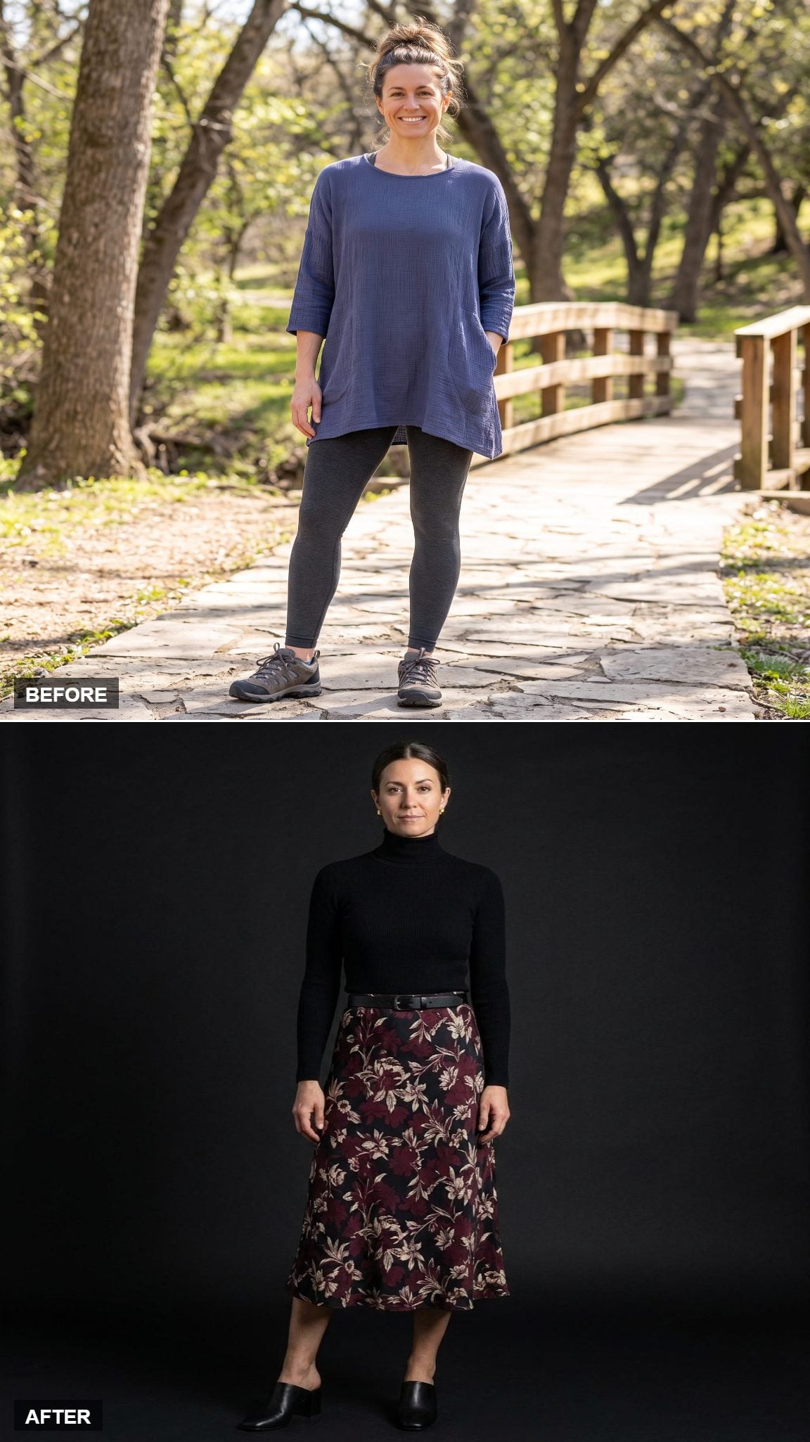Unexpected Romance: A Floral Midi Skirt, Fitted Black Turtleneck, and Block-Heel Mules