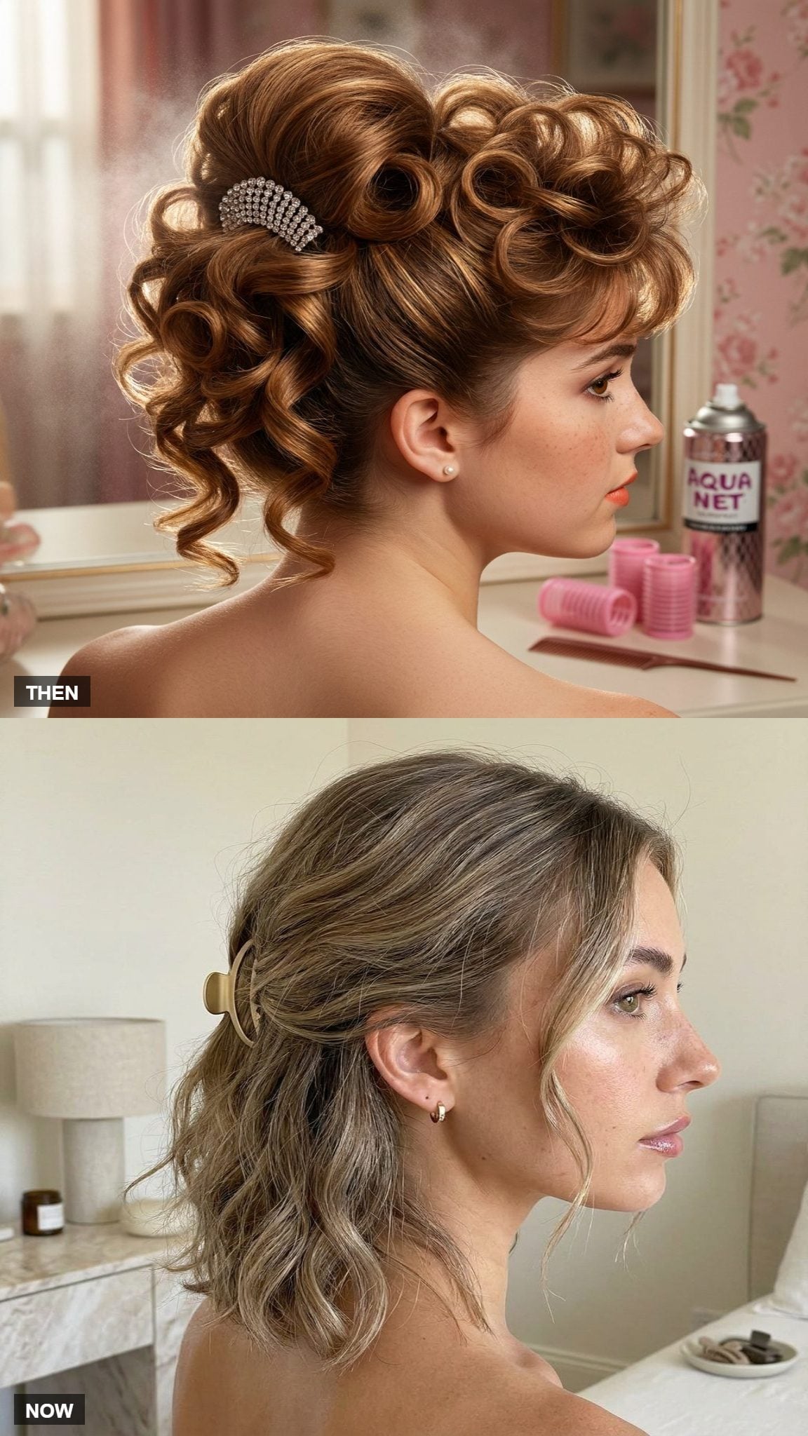 Structured 1980 prom updo compared with loose modern waves