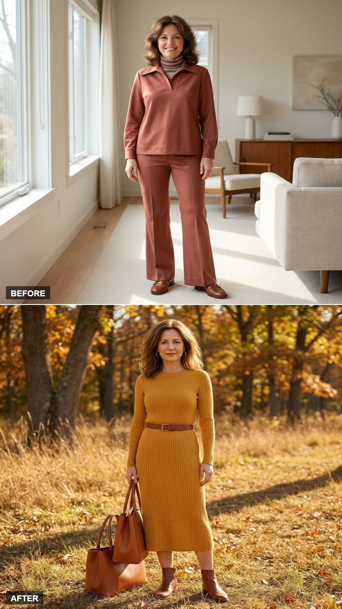Upstate Orchard Weekend in a Mustard Yellow Ribbed Knit Dress, Brown Leather Belt, and Flat Ankle Boots