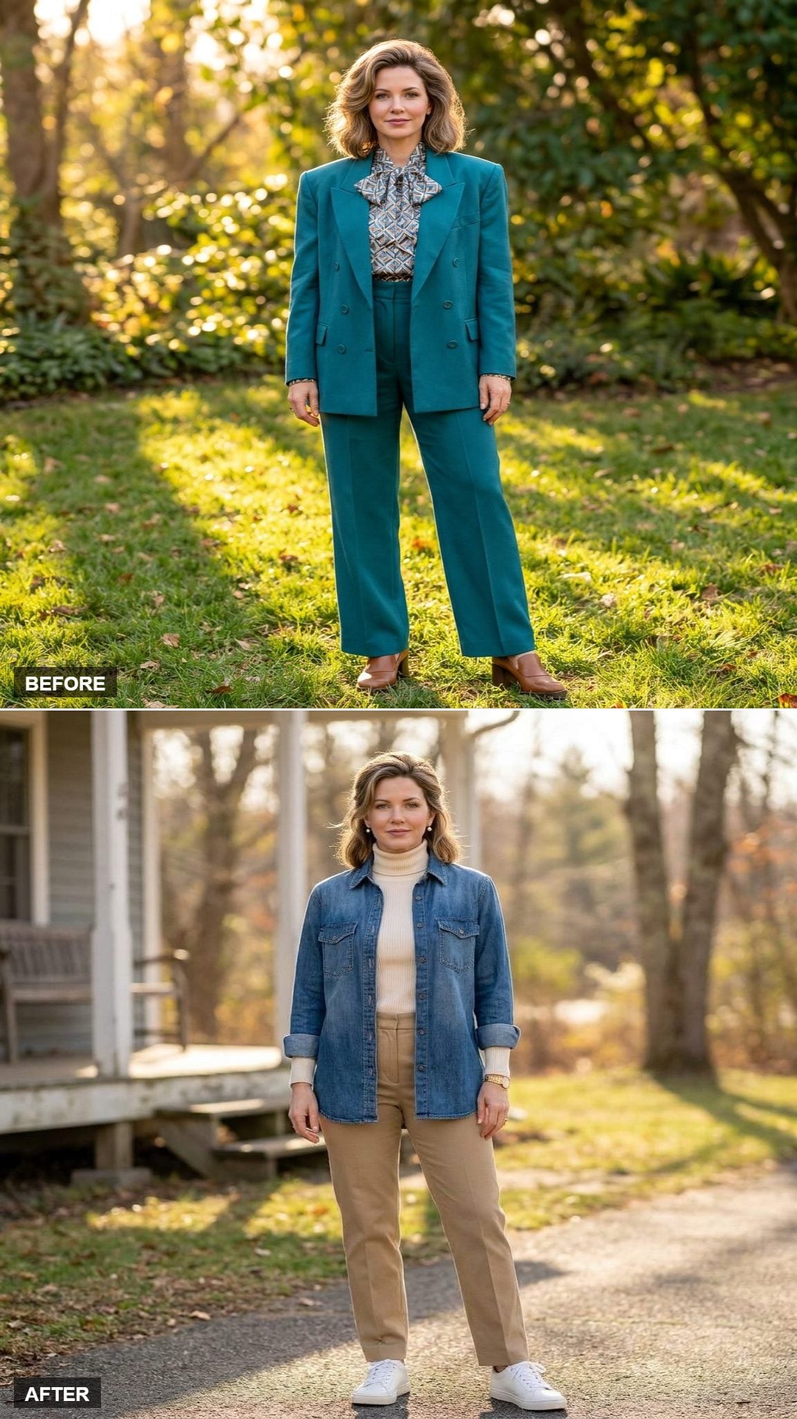 Upstate Weekend in a Washed Denim Overshirt, Cream Ribbed Turtleneck, Straight Khaki Trousers, and White Leather Sneakers