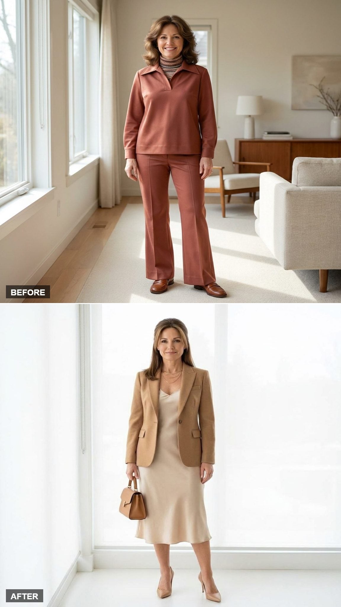 Uptown Lunch in a Silk Slip Dress, Fitted Camel Blazer, and Pointed-Toe Nude Heels